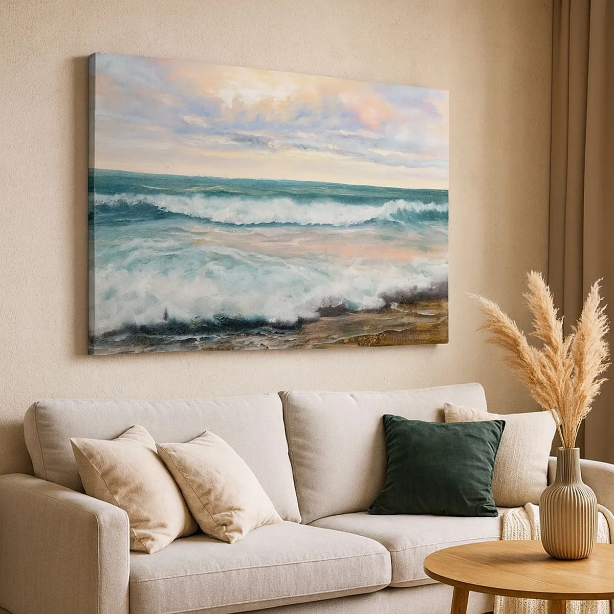 Impression sur toile - Image sur toile - Vagues de la mer contre un ciel nuageux au coucher du soleil - 70x50cm - Ici tu adouciras ton âme - Décoration murale moderne pour le salon et la chambre ARTTOR