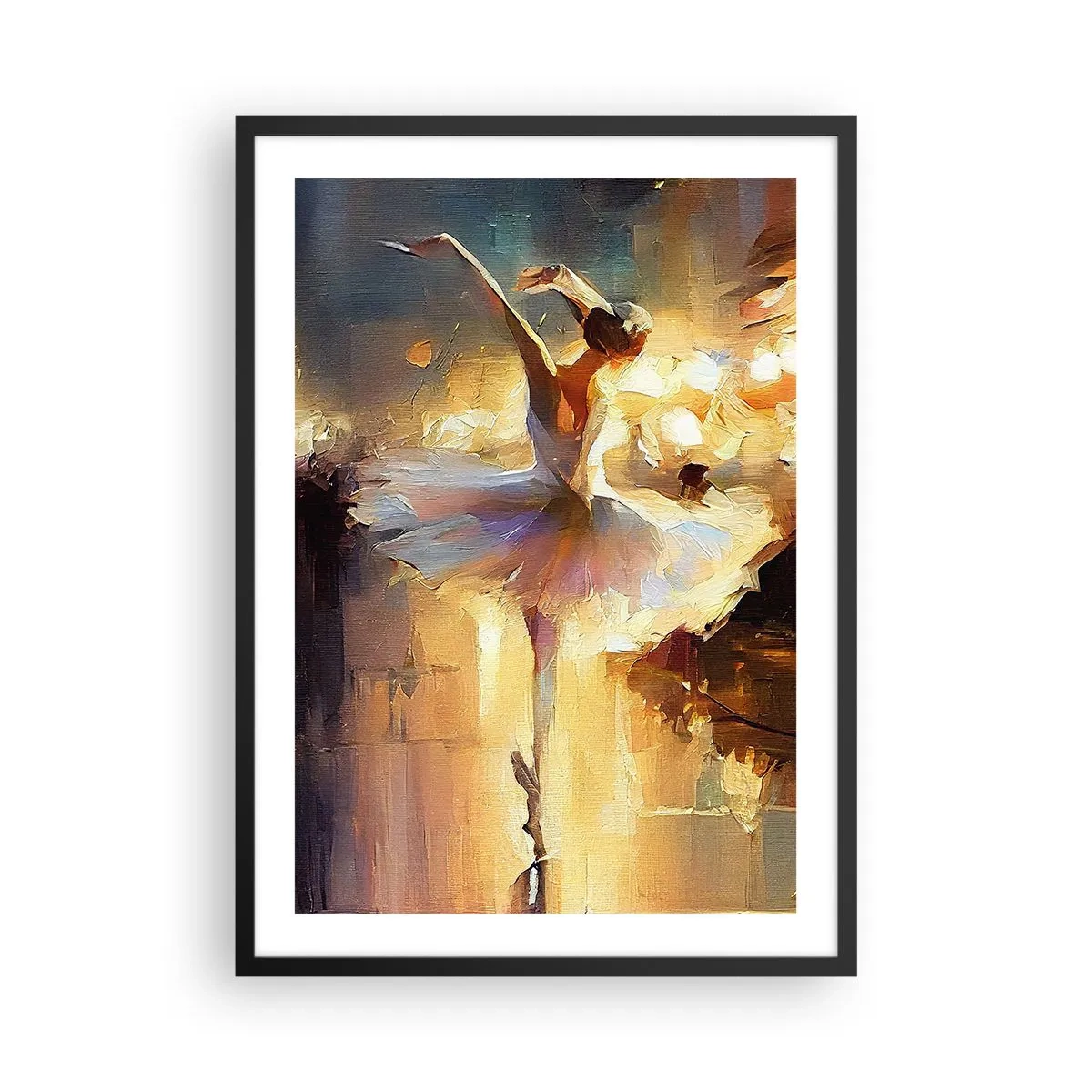 Affiche dans un cadre noir - Poster - Une ballerine dans la lumière dorée de la scène - 50x70cm - Miracle dans la rue - Décoration murale moderne pour le salon et la chambre ARTTOR