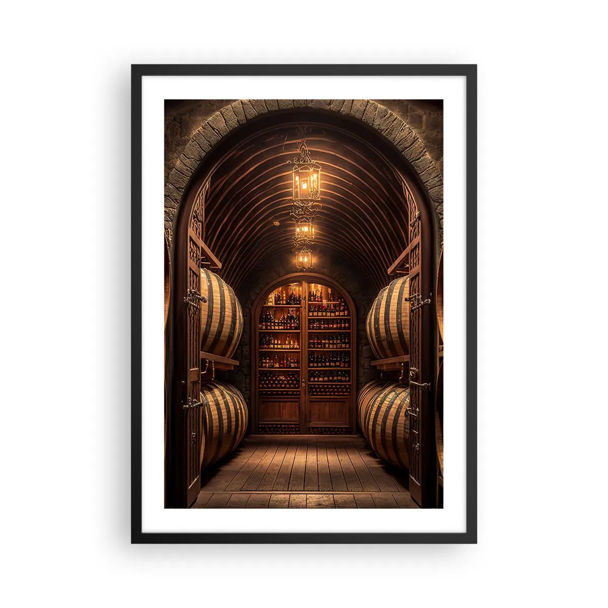 Affiche dans un cadre noir - Poster - Cave à vin élégante avec fûts en bois - 50x70cm - Cave climatisée - Décoration murale moderne pour le salon et la chambre ARTTOR