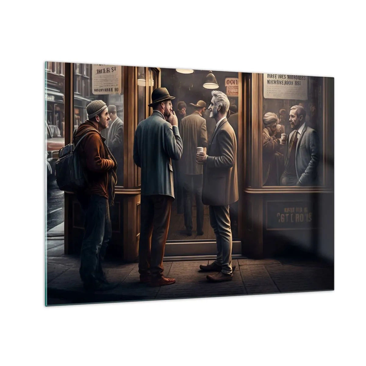 Impression sur verre - Image sur verre - Hommes discutant devant un café dans un décor urbain rétro - 70x50cm - Bon moment de la journée - Décoration murale moderne pour le salon et la chambre ARTTOR