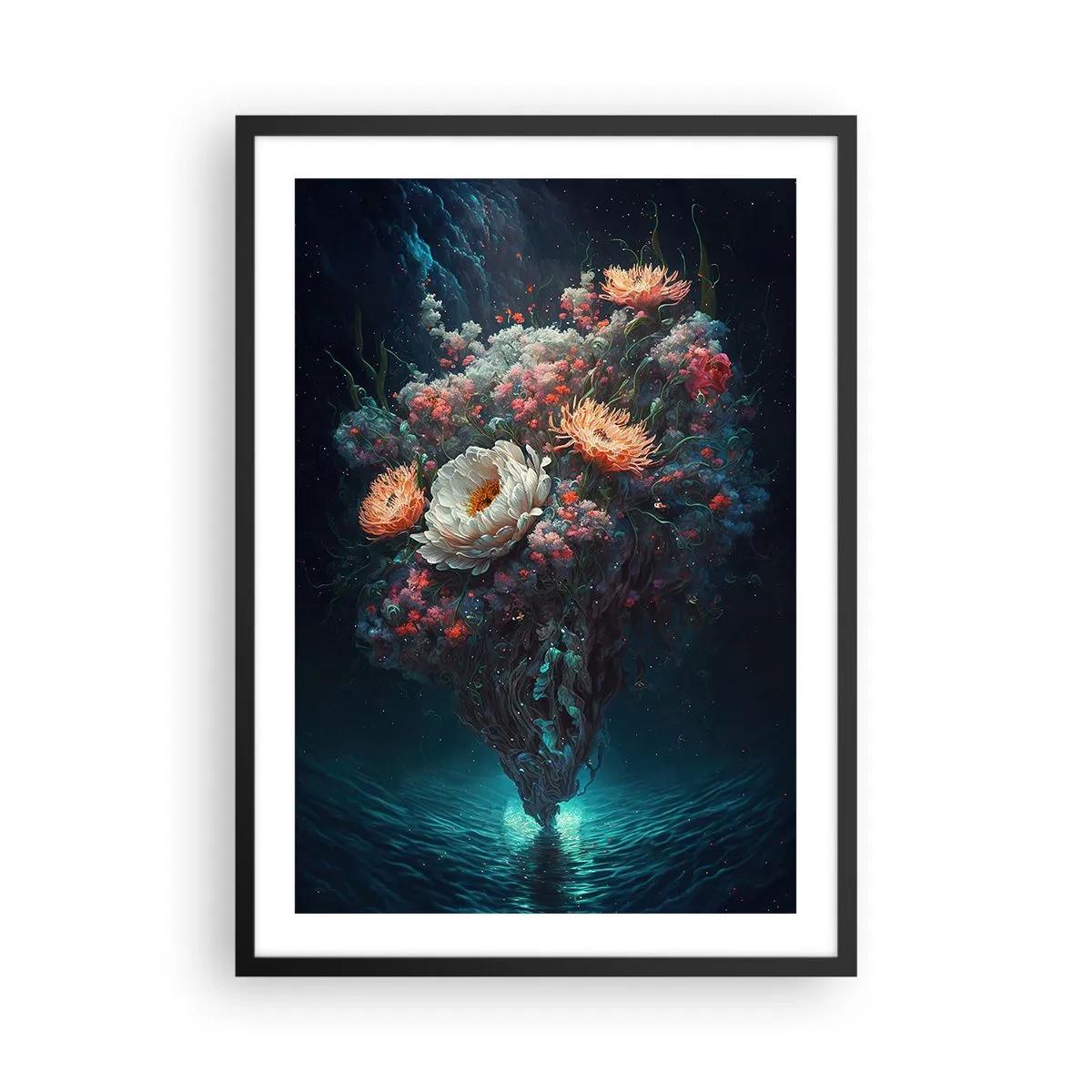 Affiche dans un cadre noir - Poster - Un arrangement magique de fleurs flottant au-dessus de l'eau - 50x70cm - Un étrange jardin - Décoration murale moderne pour le salon et la chambre ARTTOR
