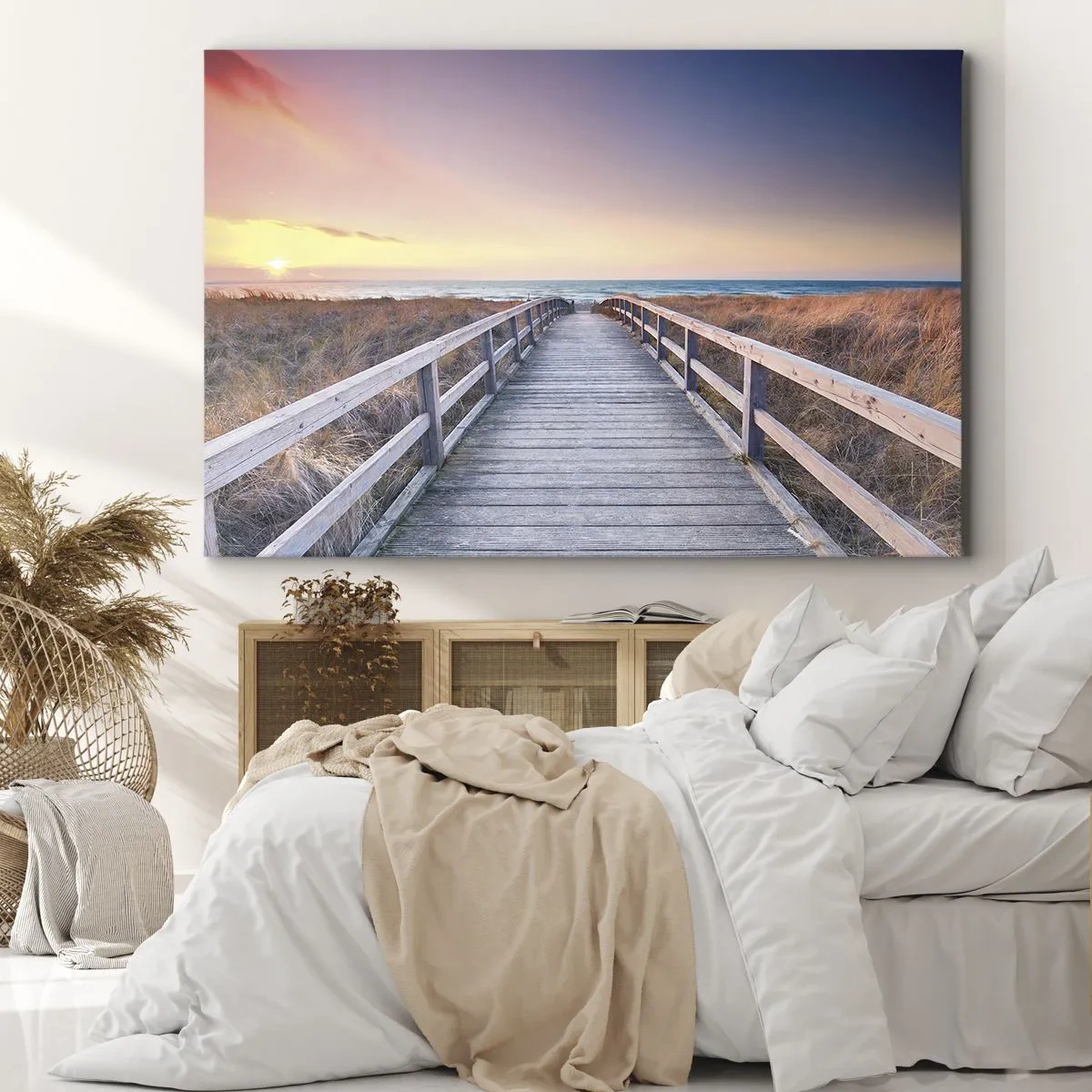 Impression sur toile - Image sur toile - Une jetée en bois menant à la plage au coucher du soleil avec le ciel peint de couleurs pastel. - 70x50cm - Aurore baltique du soir - Décoration murale moderne pour le salon et la chambre ARTTOR