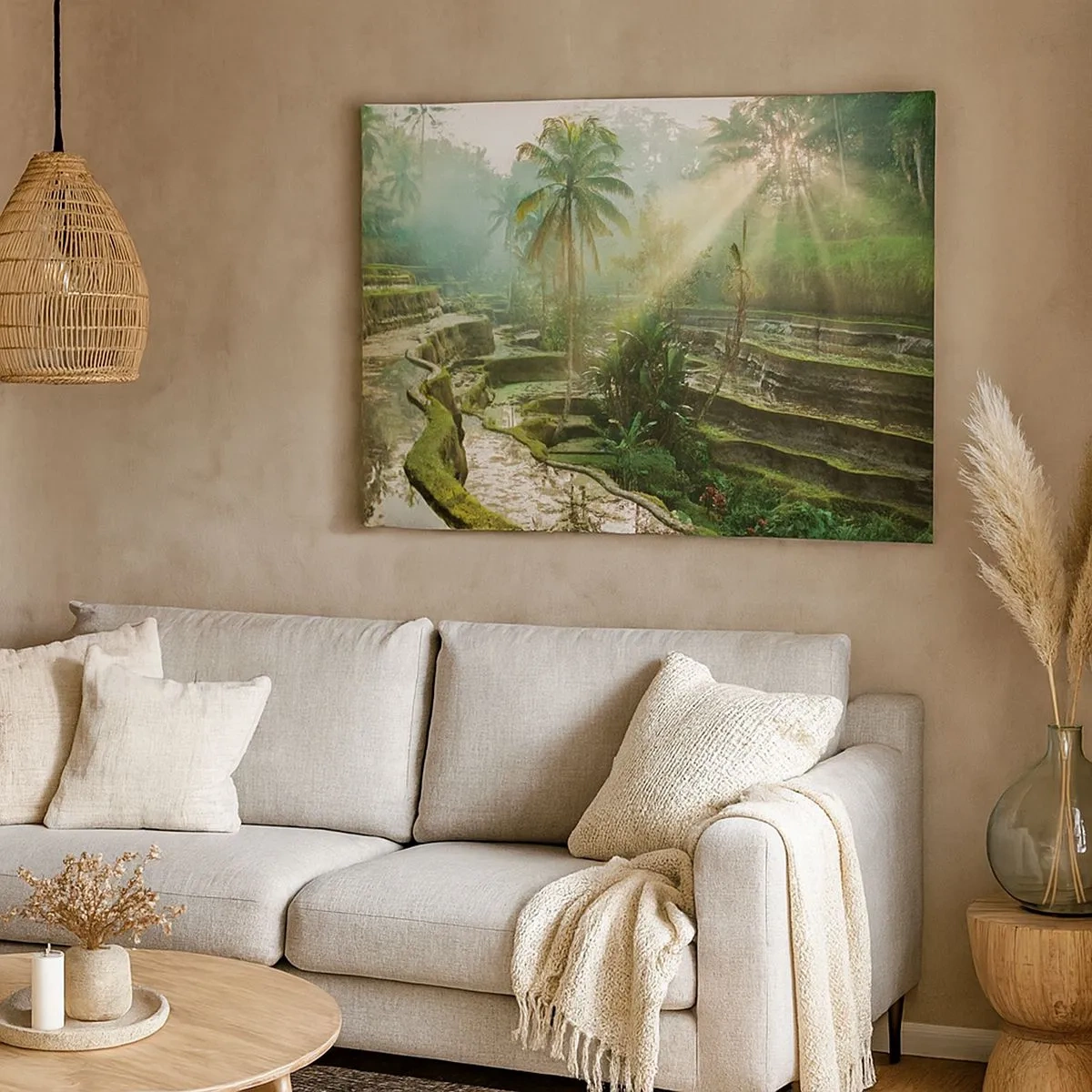 Impression sur toile - Image sur toile - Rizières en terrasses avec palmiers sous les rayons du soleil - 70x50cm - Grandir au soleil - Décoration murale moderne pour le salon et la chambre ARTTOR