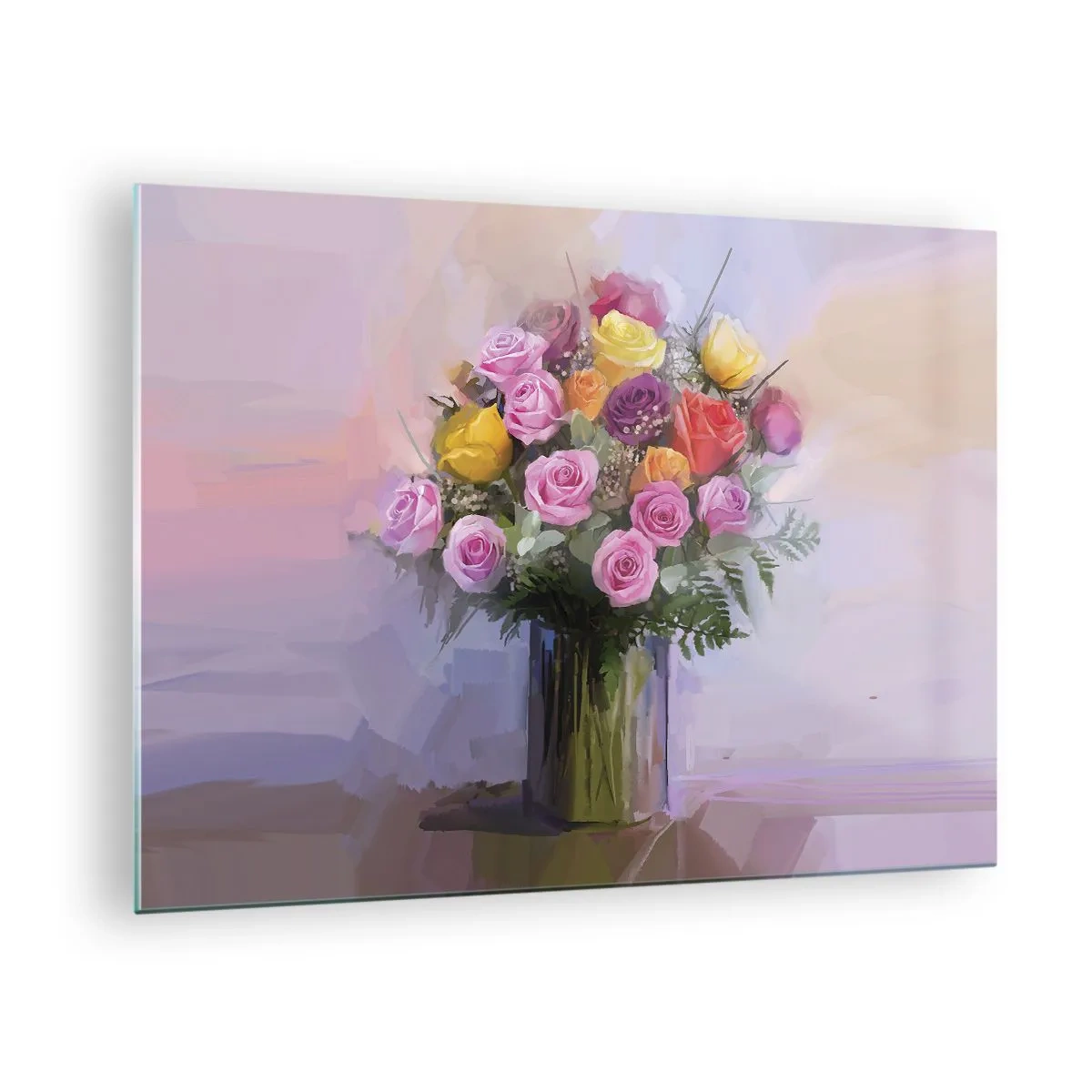 Impression sur verre - Image sur verre - Un bouquet de roses dans un vase en verre sur fond pastel - 70x50cm - Beauté conservée - Décoration murale moderne pour le salon et la chambre ARTTOR