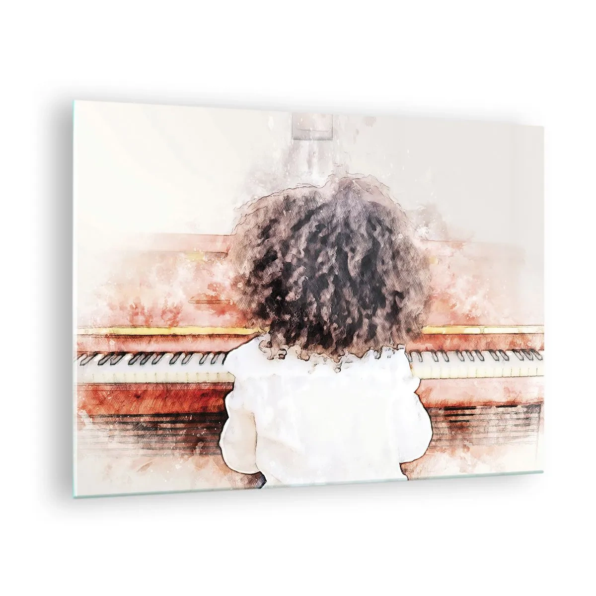 Impression sur verre - Image sur verre - Un enfant aux cheveux bouclés jouant du piano - 70x50cm - Dans un nouveau monde - Décoration murale moderne pour le salon et la chambre ARTTOR