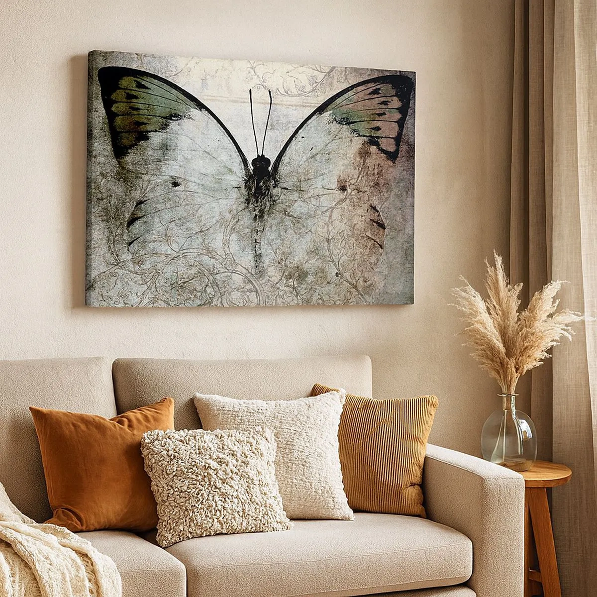 Impression sur toile - Image sur toile - Un papillon dans les tons de vert et de gris sur un fond décoratif - 70x50cm - Dans le style Art Nouveau - Décoration murale moderne pour le salon et la chambre ARTTOR