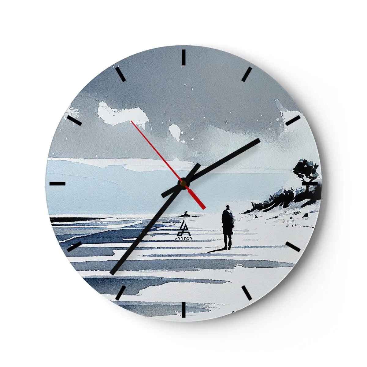 Horloge murale - Pendule murale - Silhouette d'une personne marchant seule sur la plage dans des tons gris et bleus - 30x30cm - Seul à seul - Décoration murale moderne pour le salon, la cuisine et la chambre ARTTOR