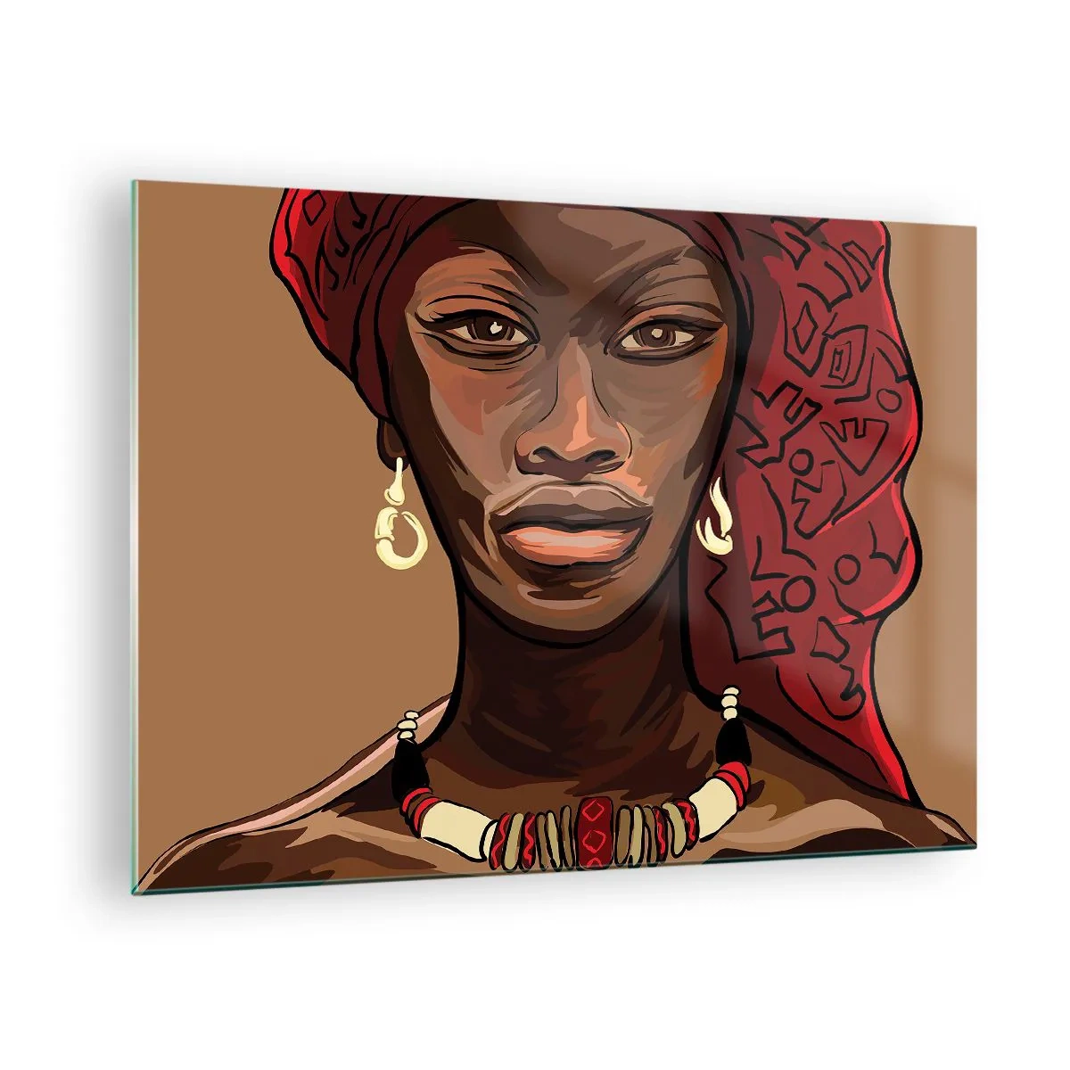 Impression sur verre - Image sur verre - Portrait stylisé d'une femme au turban rouge avec des bijoux. - 70x50cm - Vénus d'ébène - Décoration murale moderne pour le salon et la chambre ARTTOR