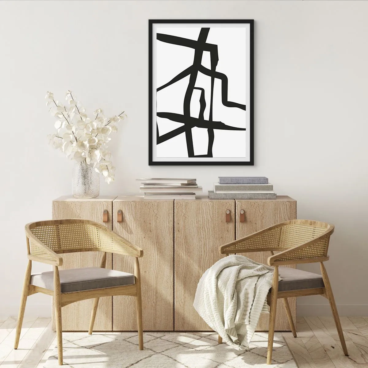 Affiche dans un cadre noir - Poster - Composition abstraite de lignes noires sur fond blanc - 50x70cm - Conception noir et blanc - Décoration murale moderne pour le salon et la chambre ARTTOR
