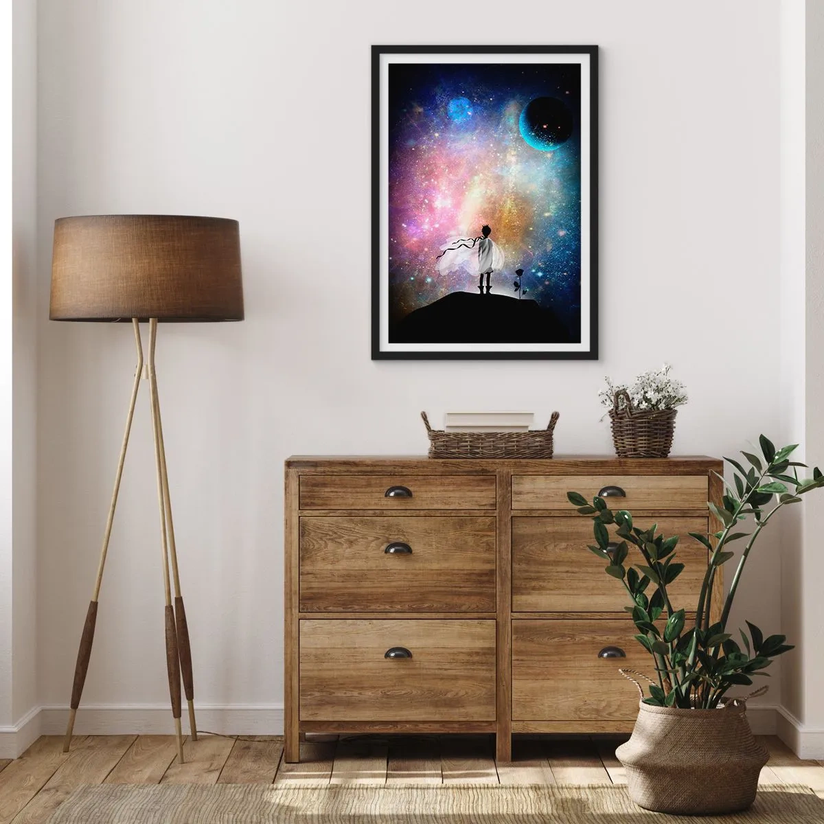 Affiche dans un cadre noir - Poster - Une scène spatiale fantastique avec la silhouette d'un personnage et une rose - 50x70cm - Le Petit Prince - Décoration murale moderne pour le salon et la chambre ARTTOR