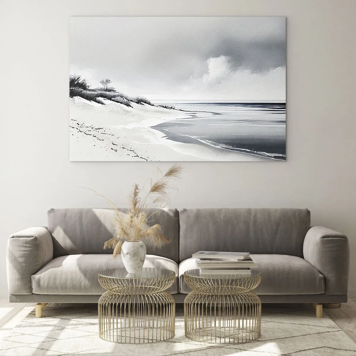 Impression sur verre - Image sur verre - Plage noire et blanche avec horizon et mer calme - 70x50cm - Ensemble depuis toujours - Décoration murale moderne pour le salon et la chambre ARTTOR