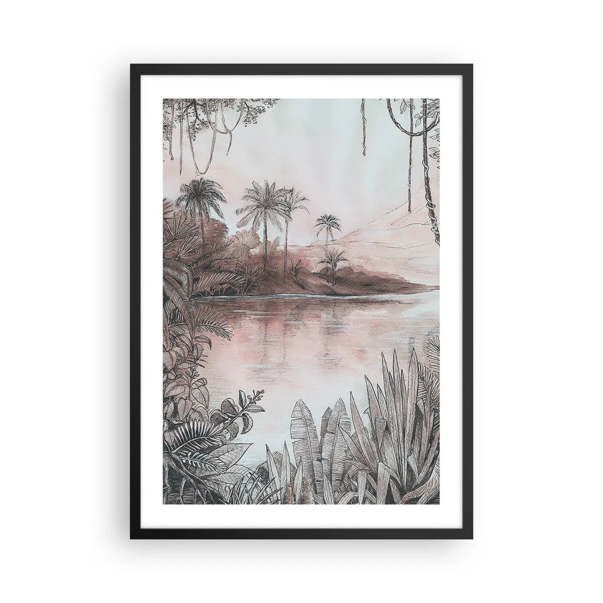 Affiche dans un cadre noir - Poster - Paysage exotique au bord de l'eau - 50x70cm - Journal d'un explorateur du XIXe siècle - Décoration murale moderne pour le salon et la chambre ARTTOR