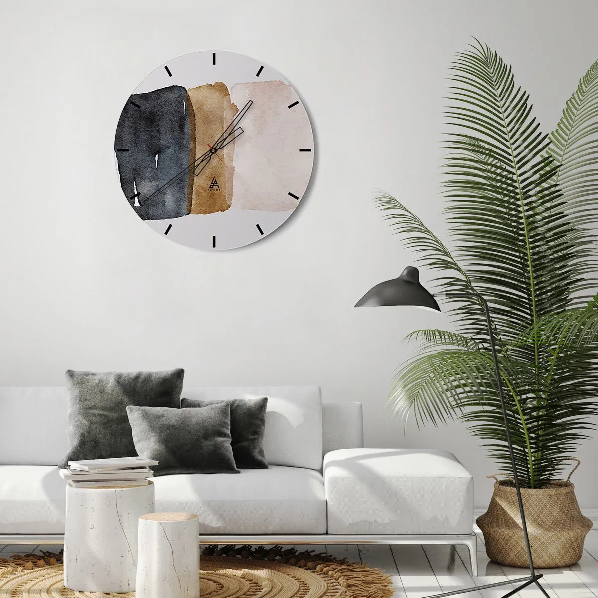 Horloge murale - Pendule murale - Trois bandes aquarelles dans les tons de noir, marron et beige - 30x30cm - Composition de couleurs de la terre - Décoration murale moderne pour le salon, la cuisine et la chambre ARTTOR
