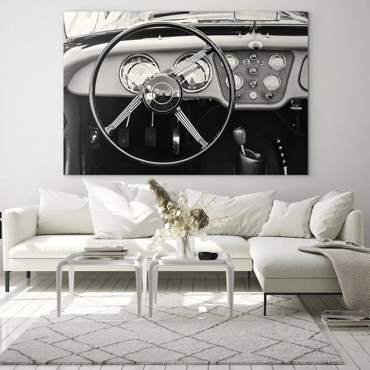 Impression sur verre - Image sur verre - Le volant et les horloges d'une voiture classique en sépia - 70x50cm - Rêve de collectionneur - Décoration murale moderne pour le salon et la chambre ARTTOR