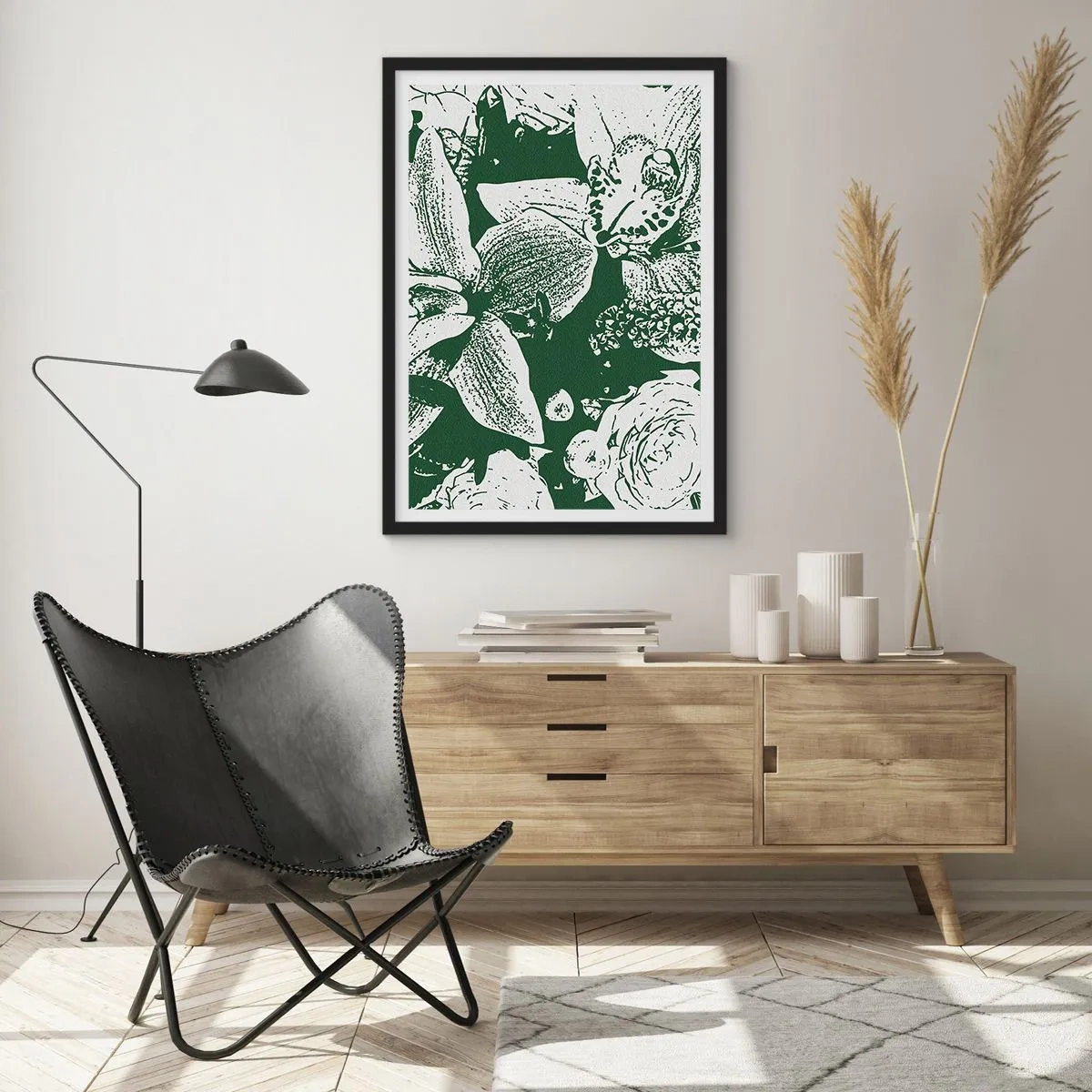 Affiche dans un cadre noir - Poster - Illustration botanique de fleurs et de feuilles aux couleurs contrastées - 50x70cm - Bouquet - le monde du vert - Décoration murale moderne pour le salon et la chambre ARTTOR