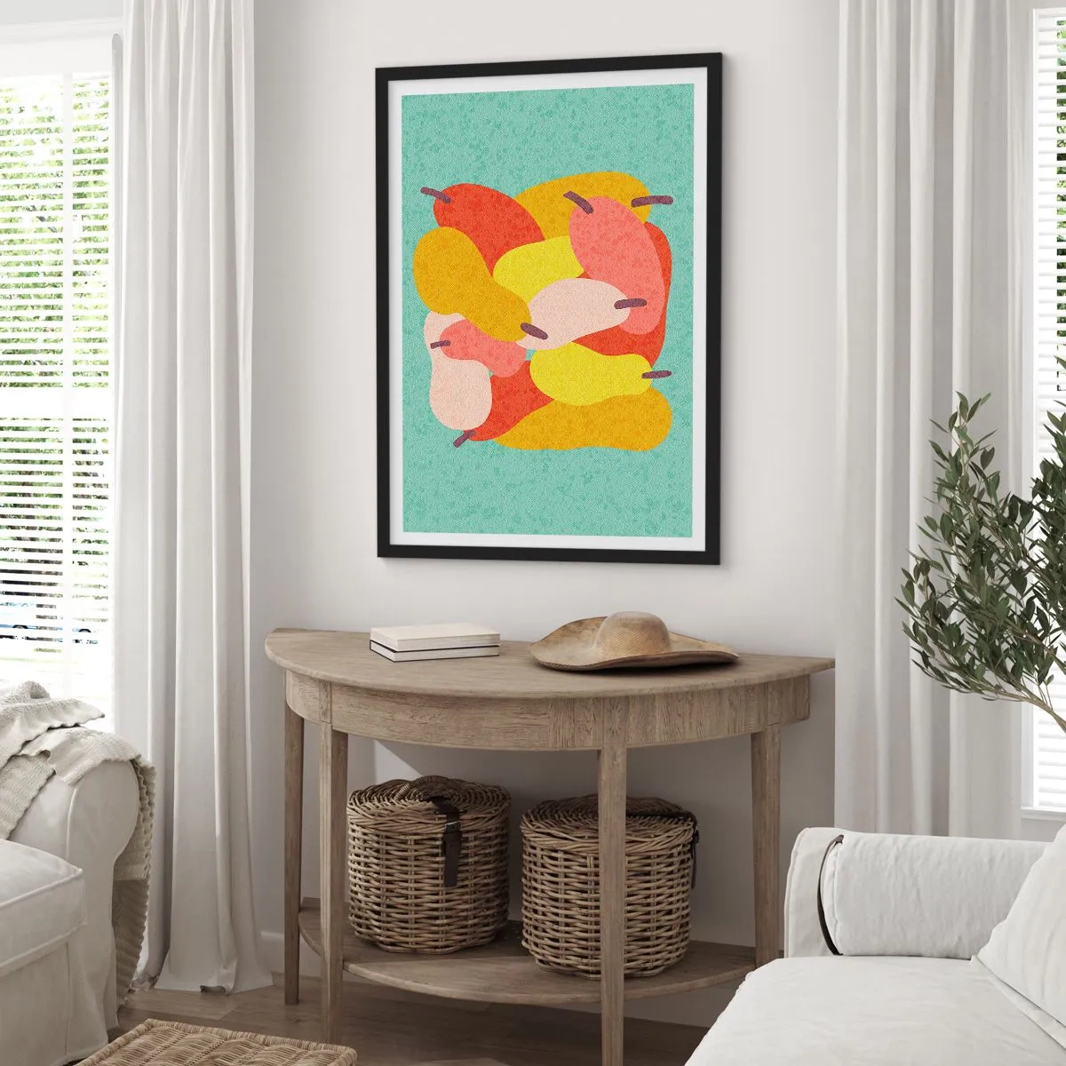 Affiche dans un cadre noir - Poster - Illustration colorée de poires sur fond turquoise - 50x70cm - Essayez le soleil d'été - Décoration murale moderne pour le salon et la chambre ARTTOR