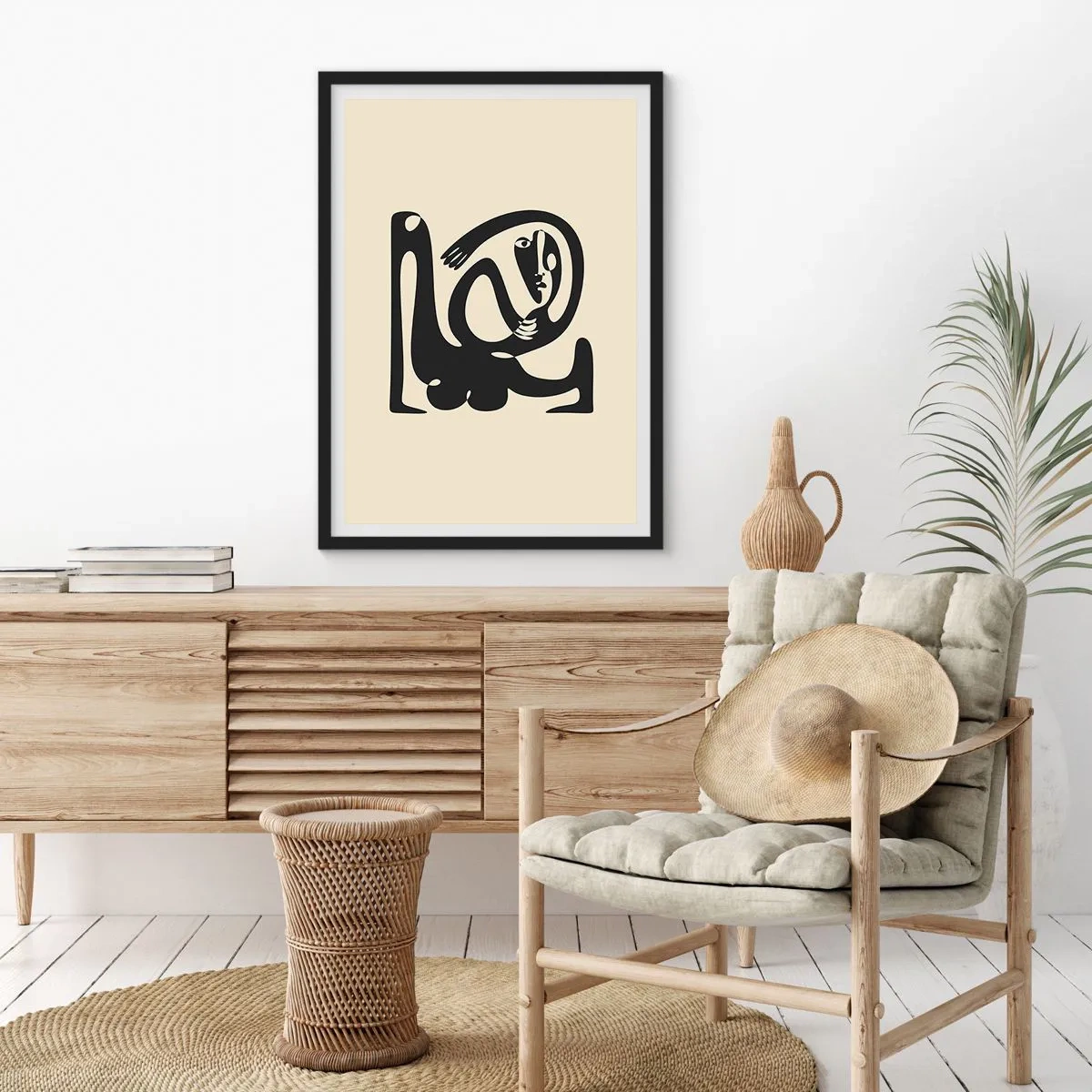 Affiche dans un cadre noir - Poster - Figure abstraite sur fond beige avec des lignes noires - 50x70cm - Presque du Picasso - Décoration murale moderne pour le salon et la chambre ARTTOR