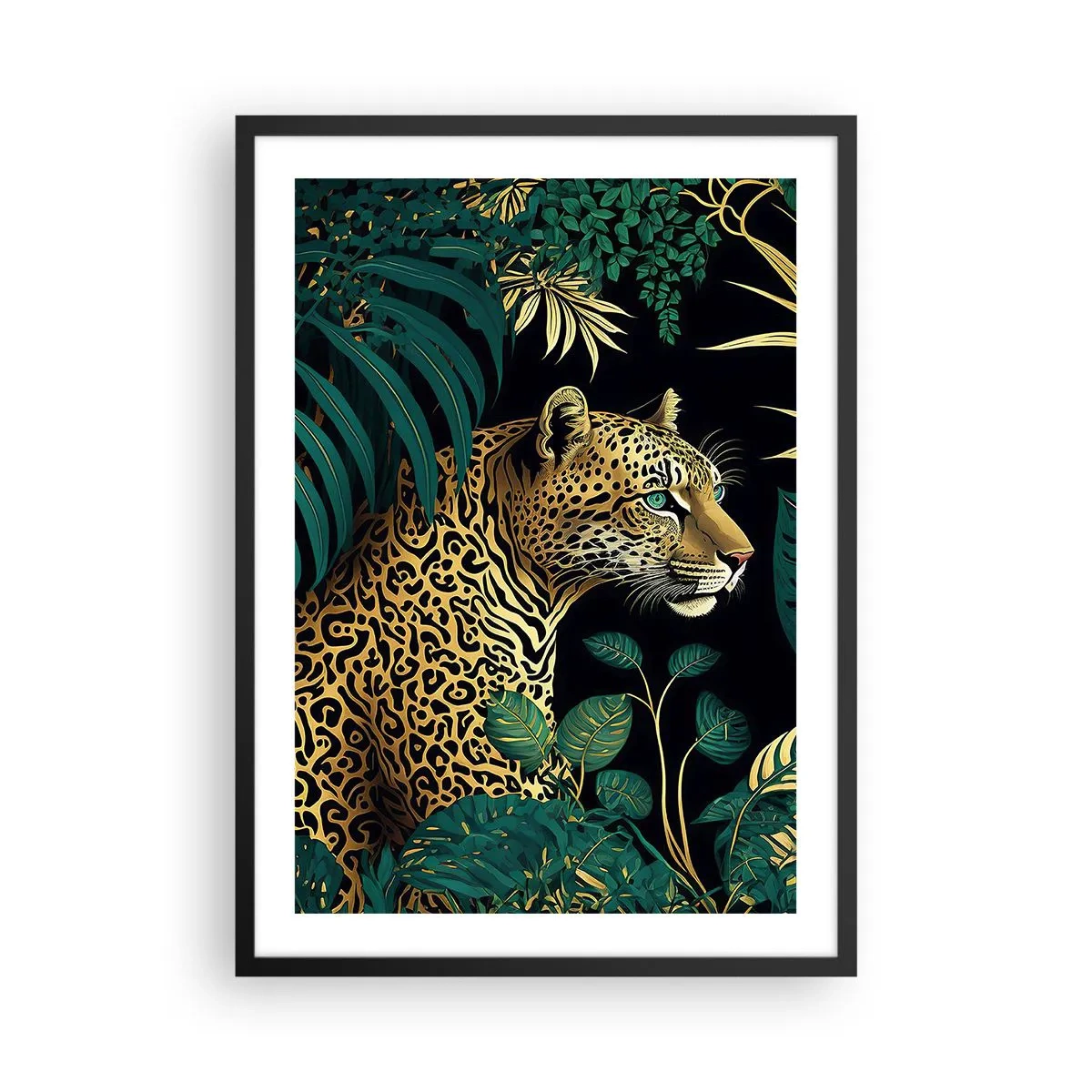 Affiche dans un cadre noir - Poster - Léopard doré dans la jungle tropicale - 50x70cm - Un hôte dans la jungle - Décoration murale moderne pour le salon et la chambre ARTTOR