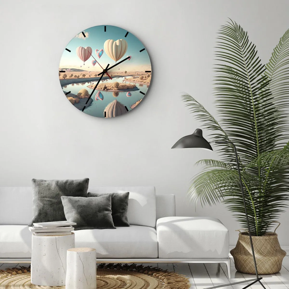 Horloge murale - Pendule murale - Des ballons en forme de cœur flottant au-dessus de la rivière - 30x30cm - L'amour te permet de t'élever - Décoration murale moderne pour le salon, la cuisine et la chambre ARTTOR