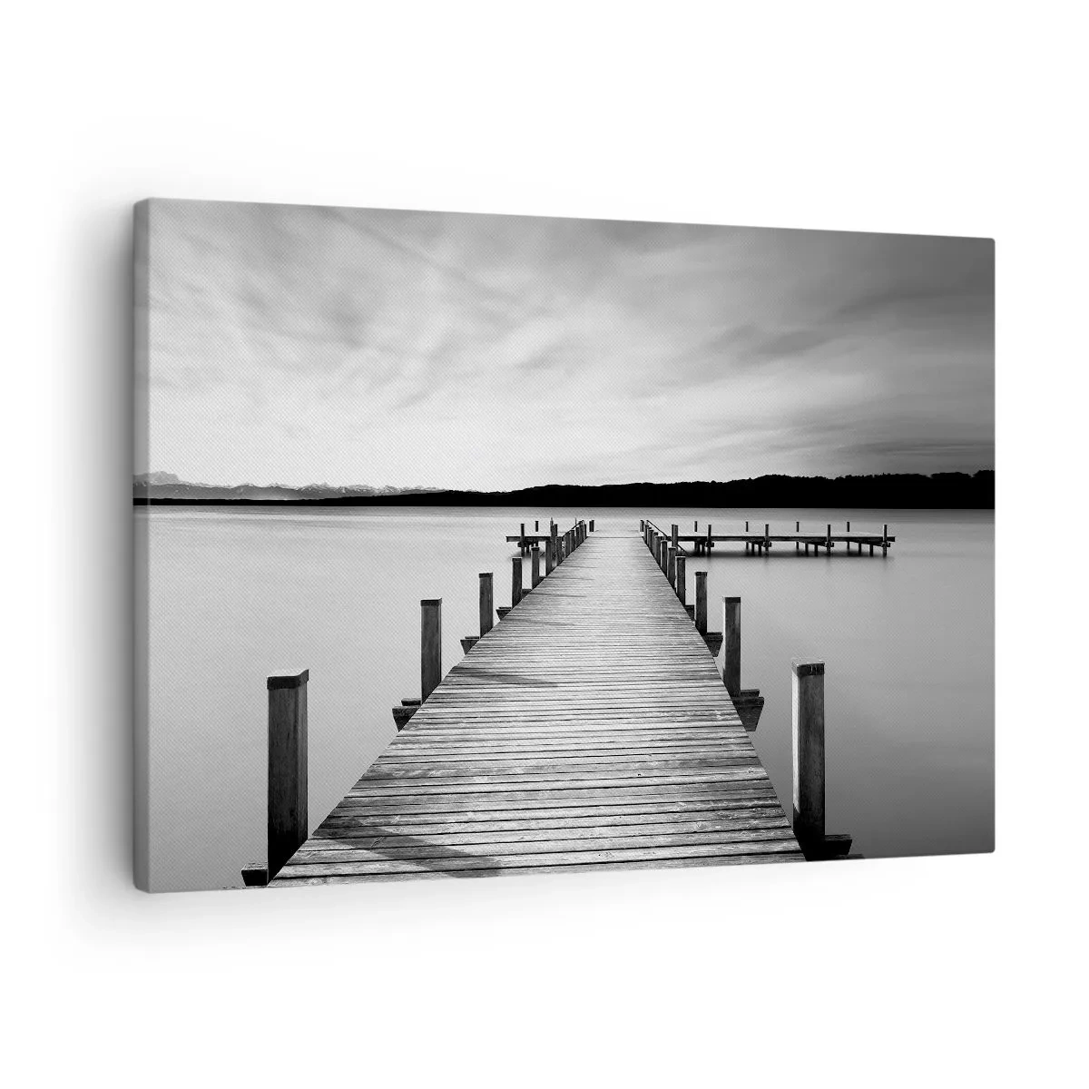 Impression sur toile - Image sur toile - Une jetée noire et blanche sur un lac calme - 70x50cm - Au point d'eau - la paix - Décoration murale moderne pour le salon et la chambre ARTTOR