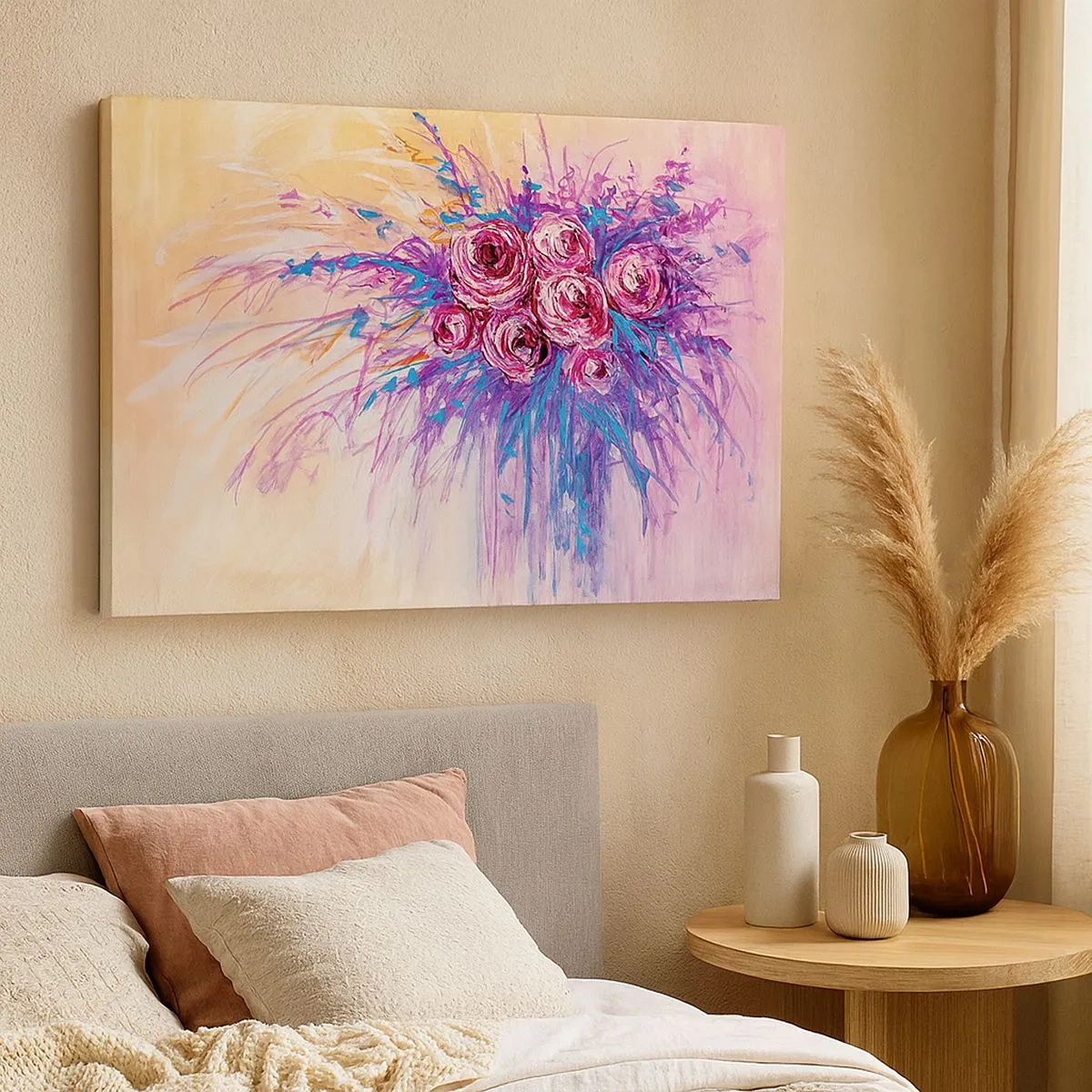 Impression sur toile - Image sur toile - Un bouquet de roses aux couleurs pastel - 70x50cm - Fontaine aux roses - Décoration murale moderne pour le salon et la chambre ARTTOR