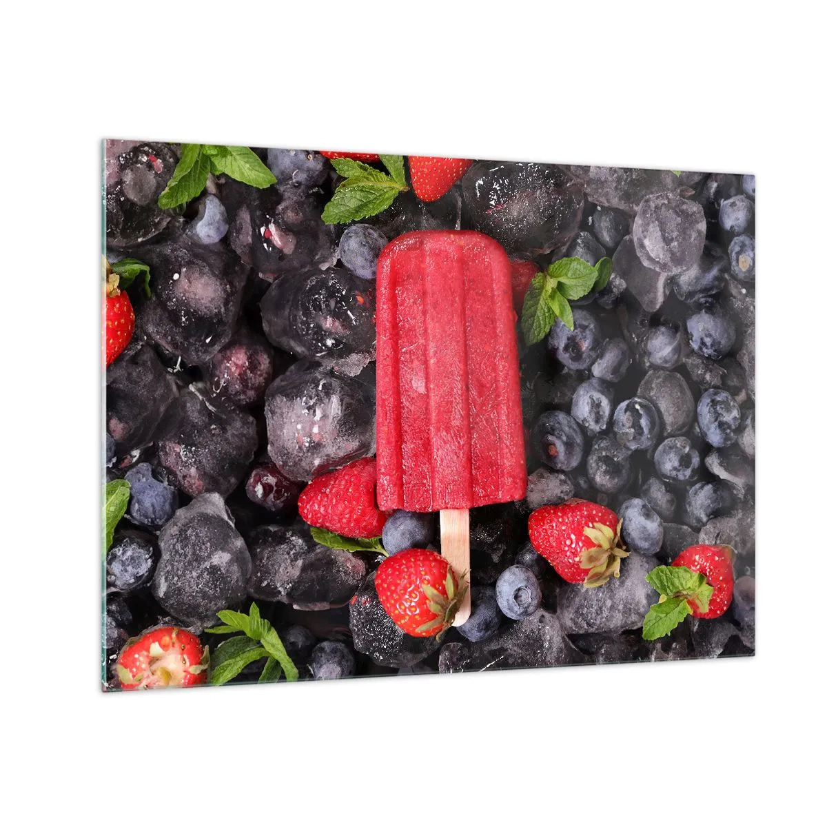 Impression sur verre - Image sur verre - Un bâton de glace parmi des fruits congelés et des feuilles de menthe - 70x50cm - Le goût d’un été chaud - Décoration murale moderne pour le salon et la chambre ARTTOR