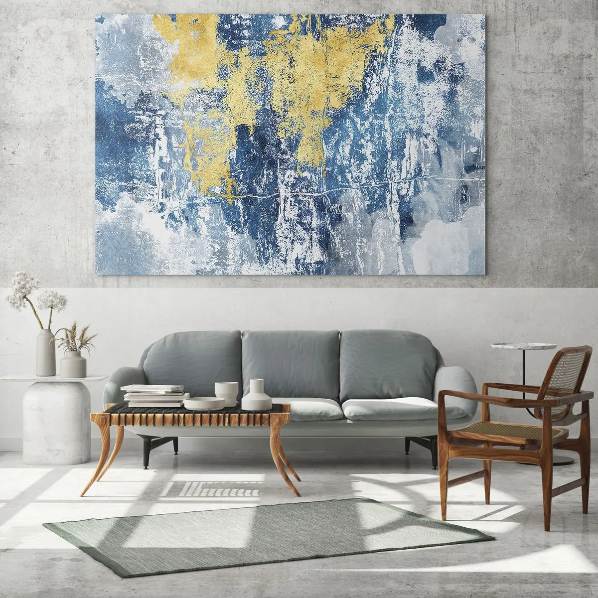 Impression sur verre - Image sur verre - Abstraction bleue et jaune avec un effet vieilli et texturé - 70x50cm - Abstraction du temps - Décoration murale moderne pour le salon et la chambre ARTTOR