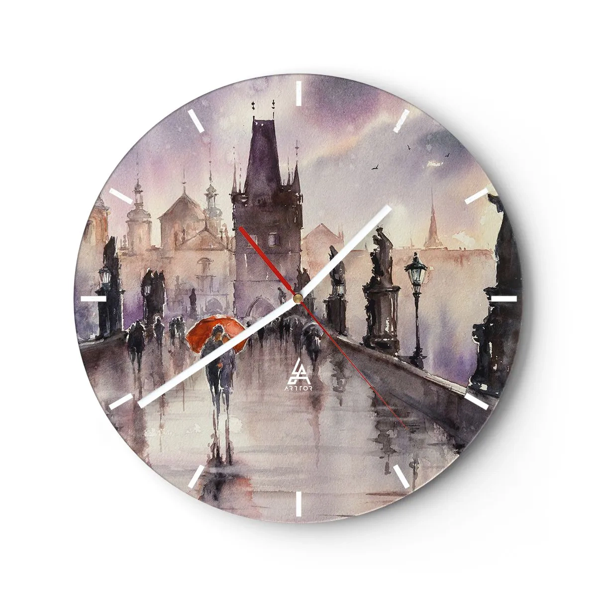 Horloge murale - Pendule murale - Scène romantique sur un pont sous la pluie avec un parapluie orange - 30x30cm - Les gens ne changent pas - Décoration murale moderne pour le salon, la cuisine et la chambre ARTTOR