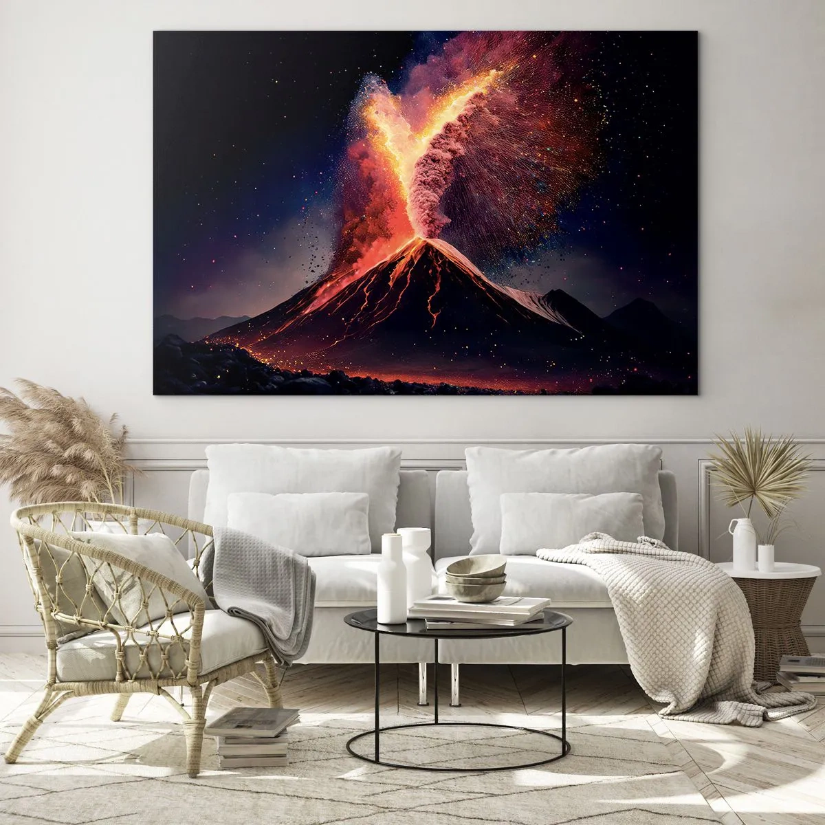 Impression sur verre - Image sur verre - Un volcan en éruption avec de la lave et un nuage de poussière coloré - 70x50cm - Beauté et horreur - Décoration murale moderne pour le salon et la chambre ARTTOR