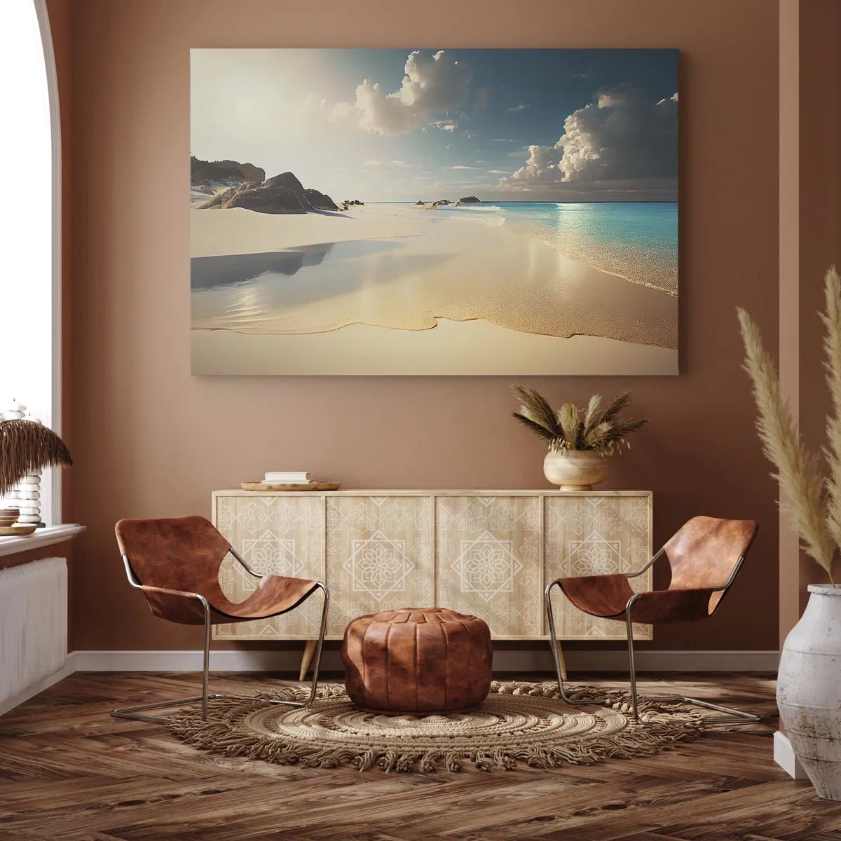 Impression sur toile - Image sur toile - Une plage ensoleillée avec une mer bleue et des rochers - 70x50cm - Une journée de rêve - Décoration murale moderne pour le salon et la chambre ARTTOR