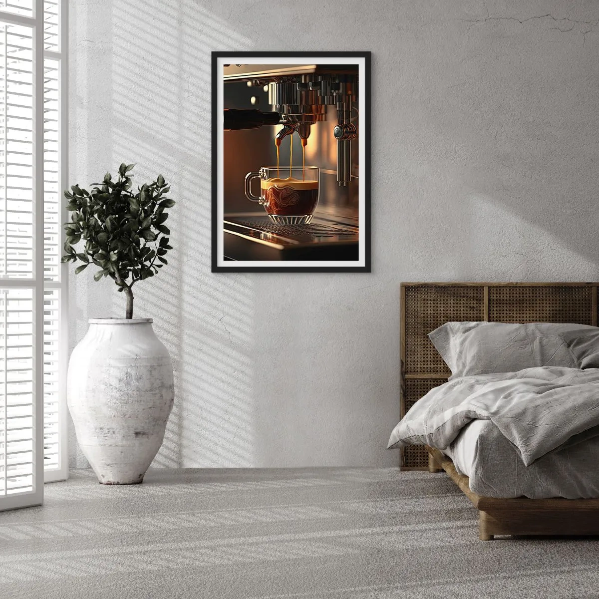 Affiche dans un cadre noir - Poster - Une machine à café versant de l'espresso dans une tasse - 50x70cm - Un mélange sensuel - Décoration murale moderne pour le salon et la chambre ARTTOR