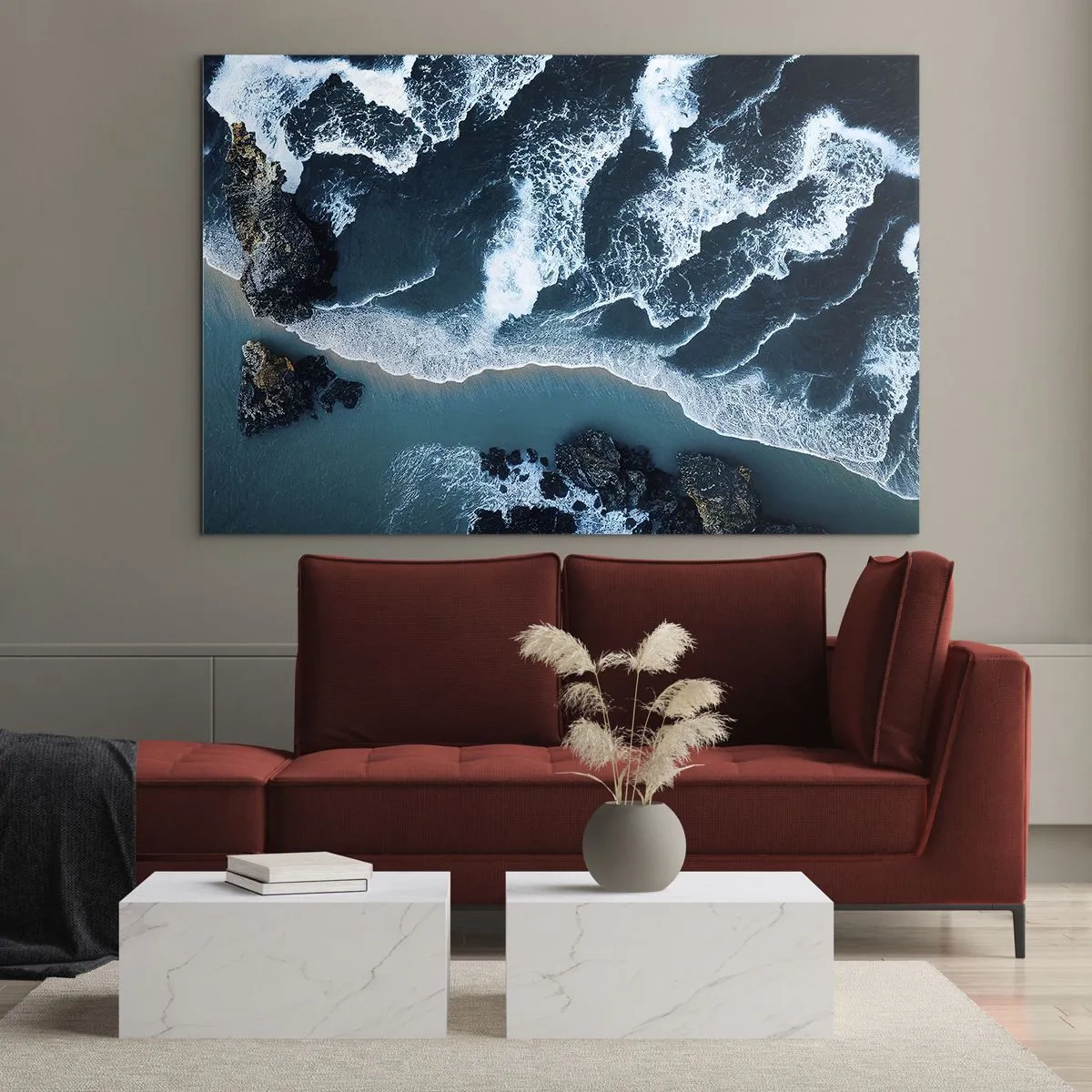 Impression sur verre - Image sur verre - Les vagues de la mer s'écrasent contre la côte rocheuse - 70x50cm - Enveloppé par les vagues - Décoration murale moderne pour le salon et la chambre ARTTOR