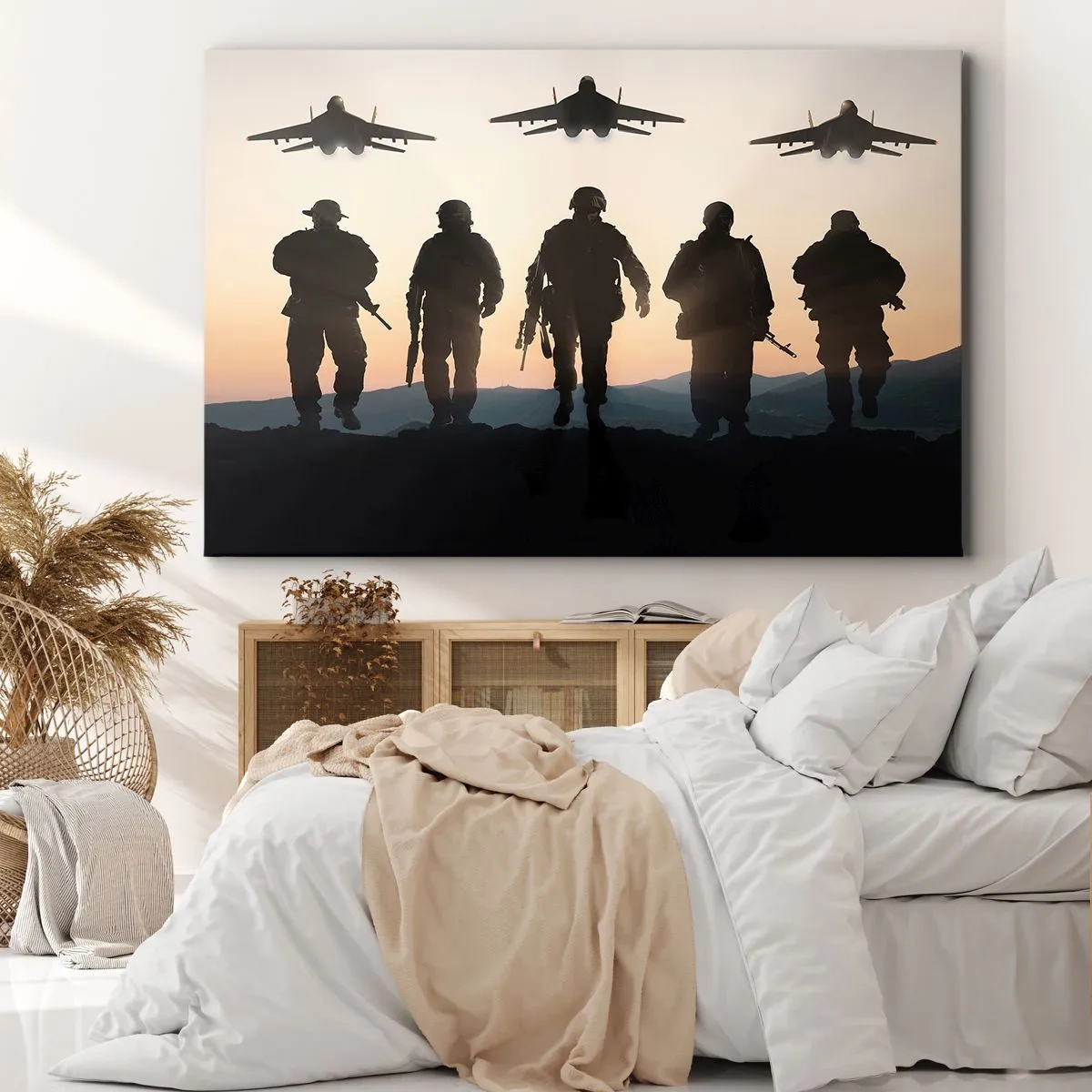 Impression sur toile - Image sur toile - Silhouettes de soldats et d'avions de chasse sur fond de coucher de soleil - 70x50cm - Bienvenue dans notre monde - Décoration murale moderne pour le salon et la chambre ARTTOR