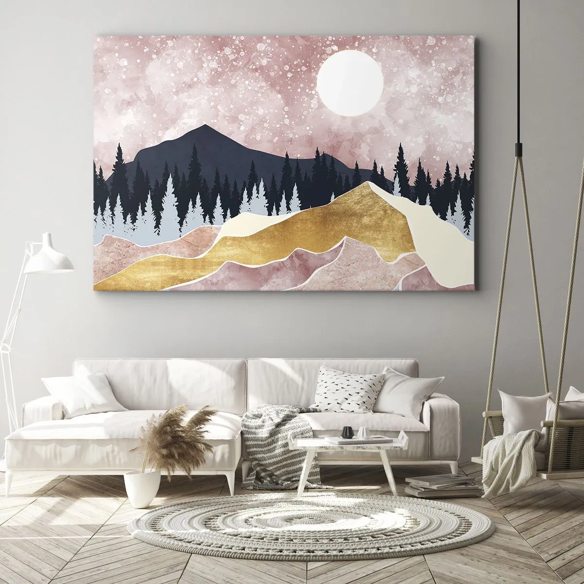 Impression sur toile - Image sur toile - Montagnes colorées contre un ciel rose avec une lune - 70x50cm - Gardien de la nuit - Décoration murale moderne pour le salon et la chambre ARTTOR