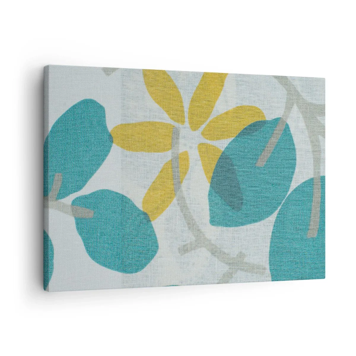Impression sur toile - Image sur toile - Feuilles aux tons turquoise et jaune sur fond clair - 70x50cm - Wśród lazurowych liści - Décoration murale moderne pour le salon et la chambre ARTTOR