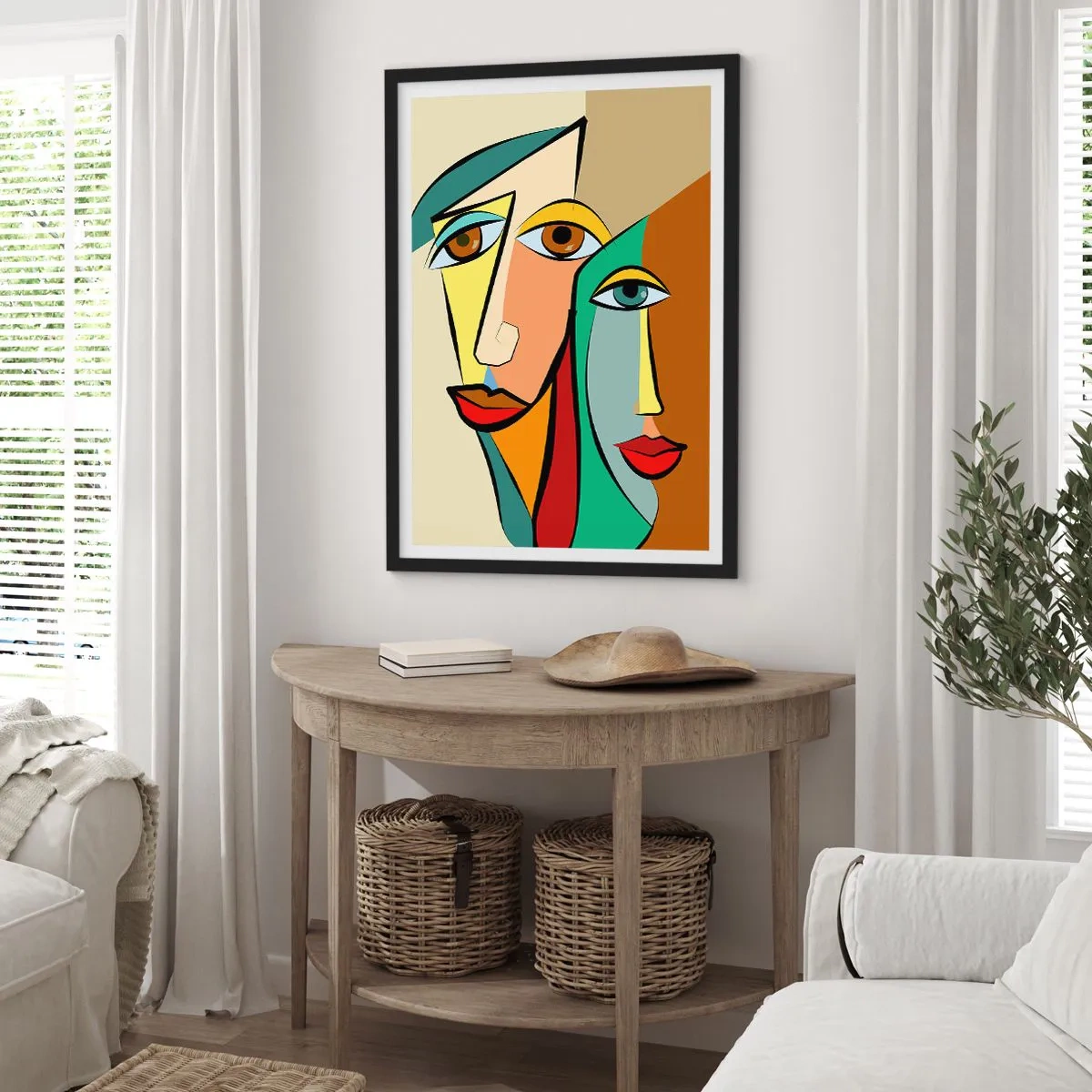 Affiche dans un cadre noir - Poster - Visages abstraits de style cubiste aux couleurs chaudes - 50x70cm - Couple cubiste - Décoration murale moderne pour le salon et la chambre ARTTOR