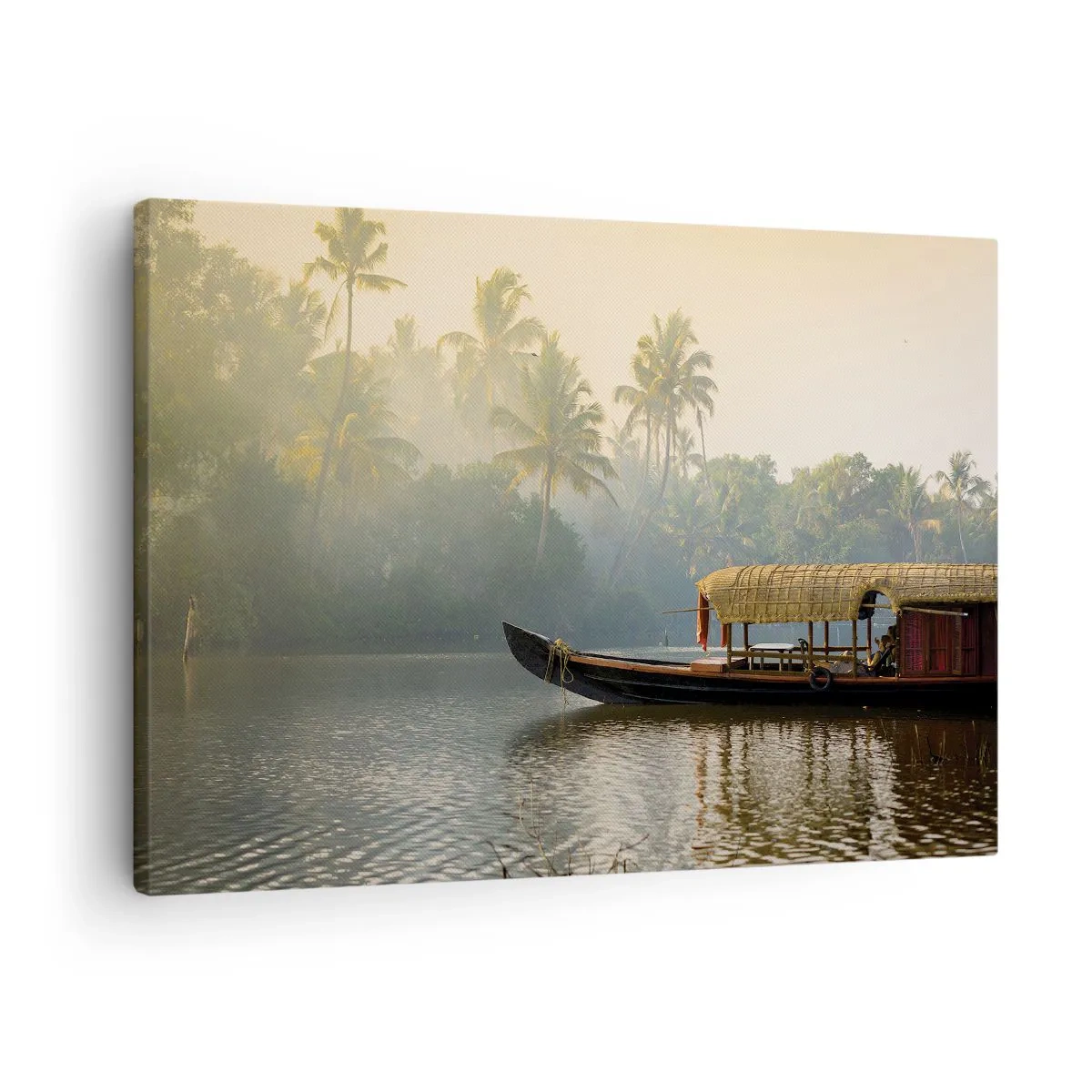 Impression sur toile - Image sur toile - Un bateau traditionnel sur une rivière calme parmi les palmiers - 70x50cm - Maison sur la rivière - Décoration murale moderne pour le salon et la chambre ARTTOR