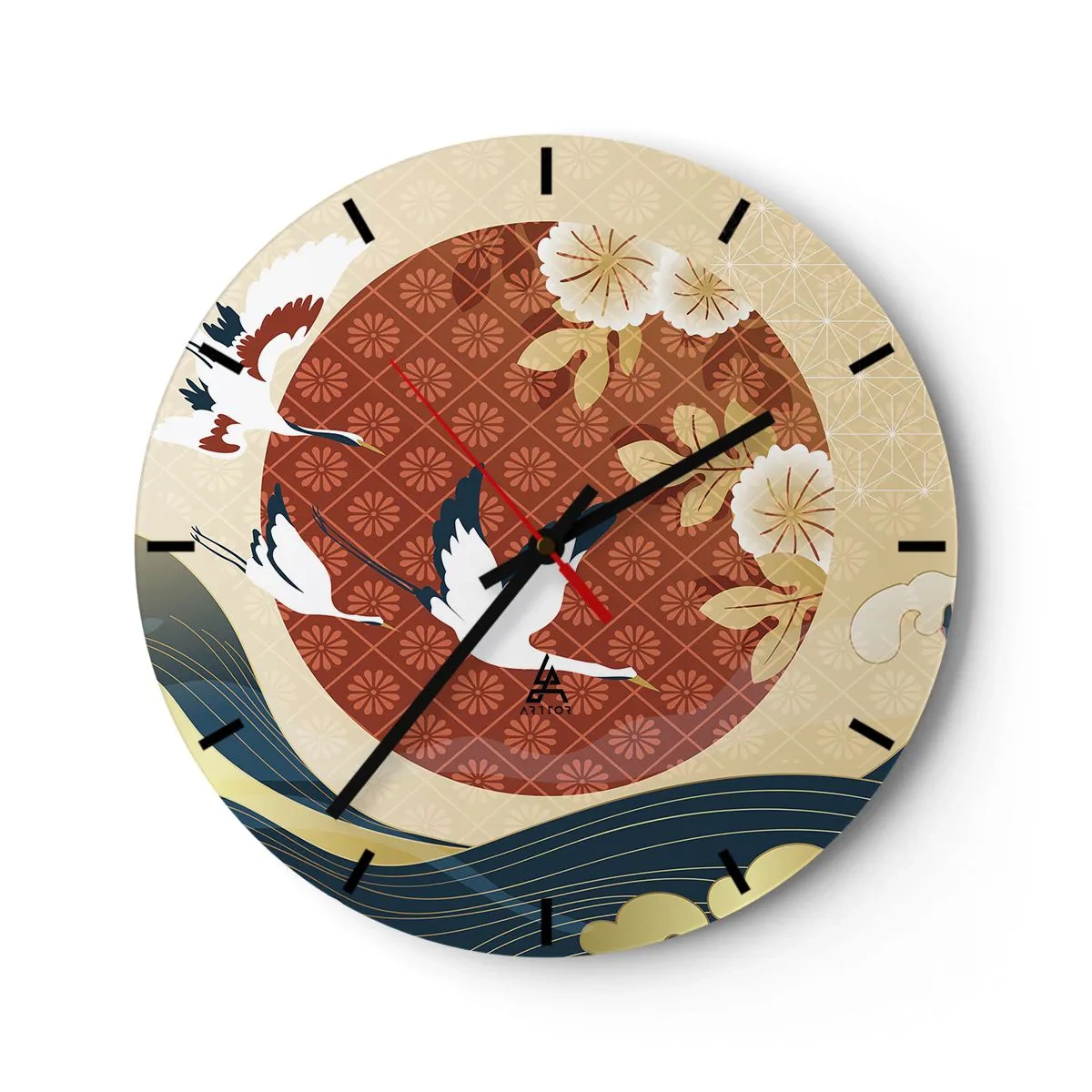 Horloge murale - Pendule murale - Grues japonaises sur fond de cercle rouge et de vagues stylisées. - 30x30cm - Conte japonnais - Décoration murale moderne pour le salon, la cuisine et la chambre ARTTOR