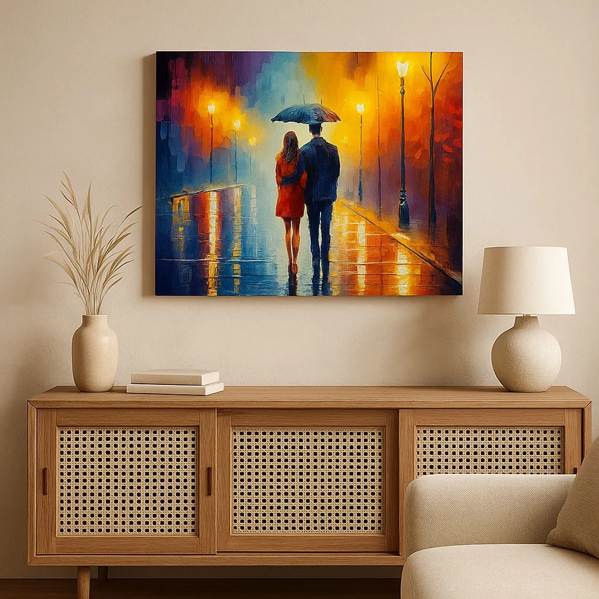 Impression sur toile - Image sur toile - Un couple sous un parapluie se promenant dans une ville nocturne colorée - 70x50cm - Ensemble – une nuit colorée - Décoration murale moderne pour le salon et la chambre ARTTOR