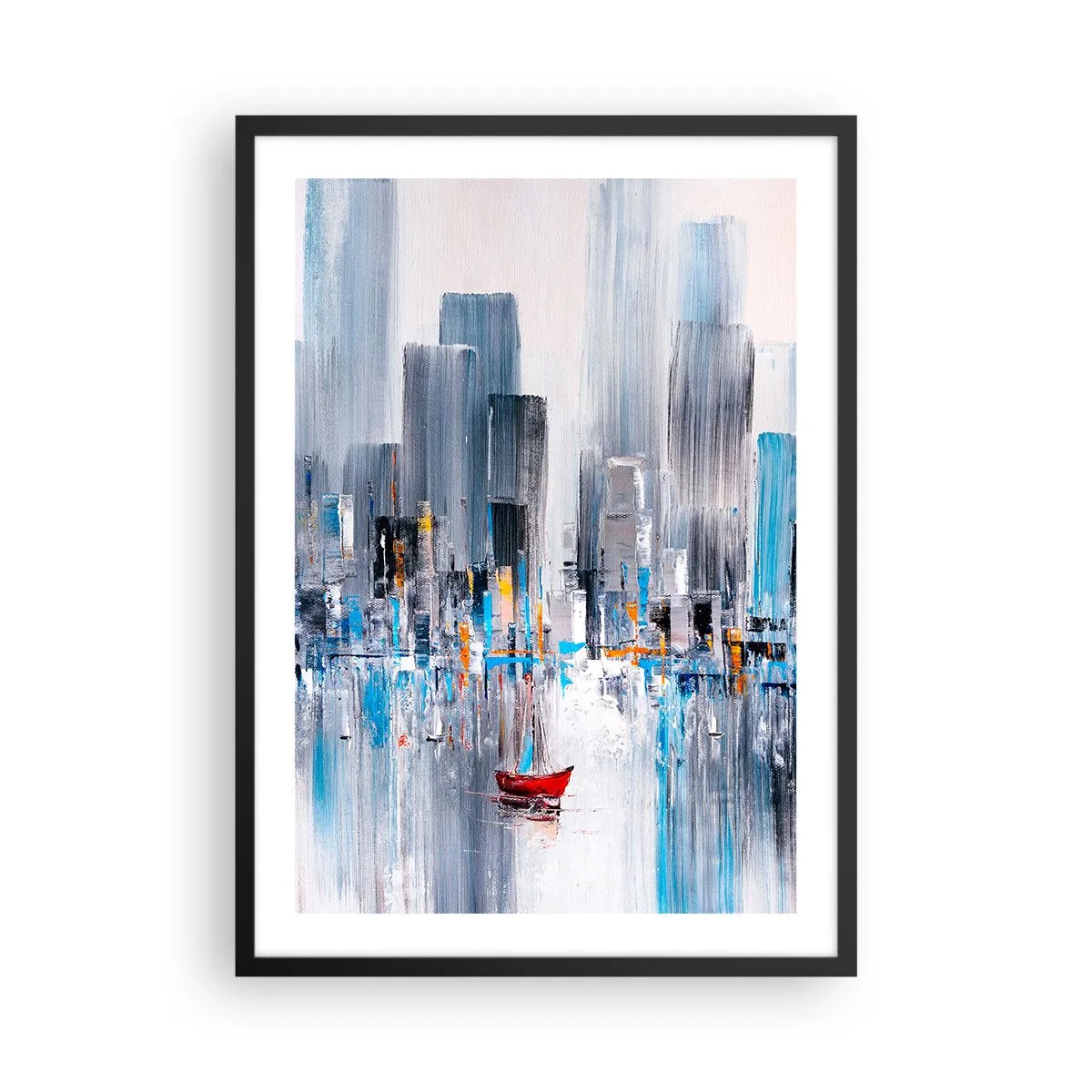 Affiche dans un cadre noir - Poster - Une peinture abstraite représentant un horizon de ville sur l'eau avec un bateau rouge. - 50x70cm - Une métropole au bord de la baie - Décoration murale moderne pour le salon et la chambre ARTTOR