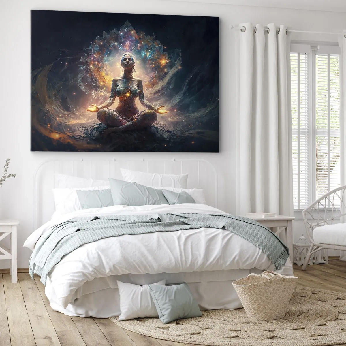 Impression sur toile - Image sur toile - Une figure méditante entourée de motifs et de couleurs énergétiques. - 70x50cm - Flux de bonne énergie - Décoration murale moderne pour le salon et la chambre ARTTOR