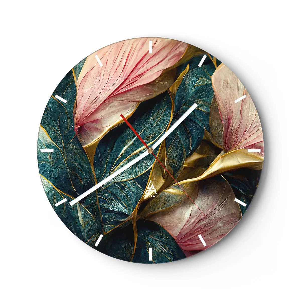 Horloge murale - Pendule murale - Feuilles aux tons verts, dorés et roses dans une forme élégante - 30x30cm - Élégance et style naturels - Décoration murale moderne pour le salon, la cuisine et la chambre ARTTOR