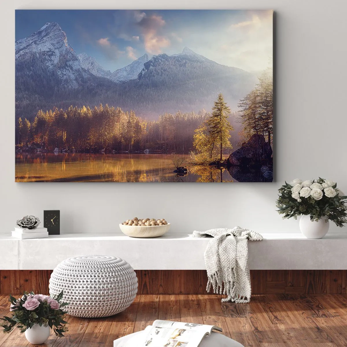 Impression sur toile - Image sur toile - Vue pittoresque de la forêt de montagne et du lac à l'aube - 70x50cm - Dans les montagnes et les vallées - Décoration murale moderne pour le salon et la chambre ARTTOR