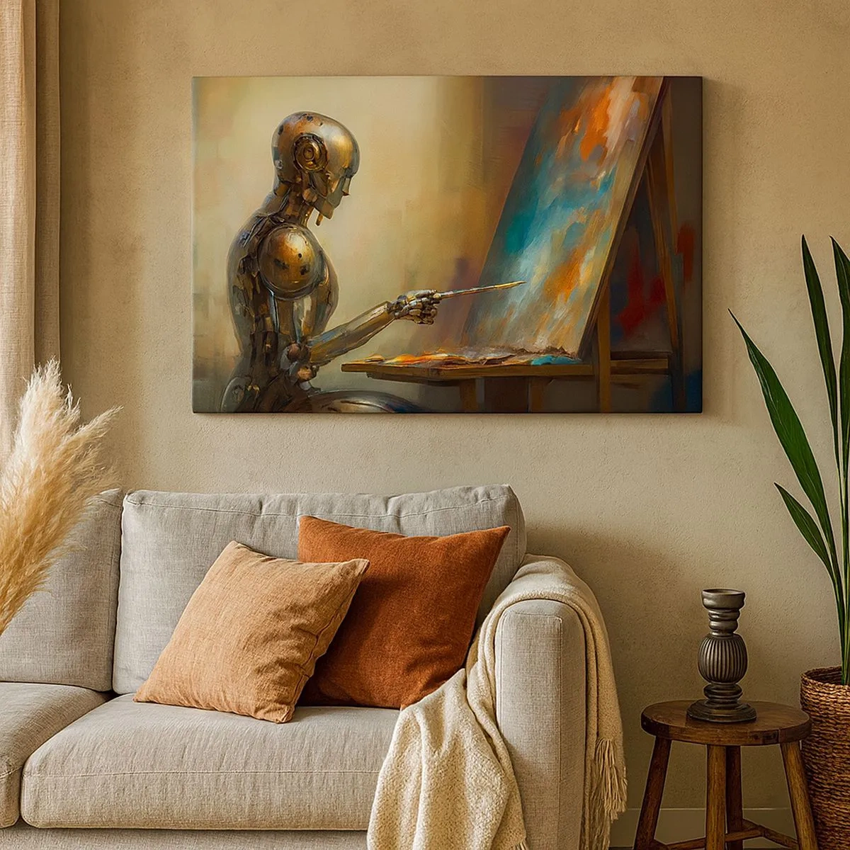 Impression sur toile - Image sur toile - Un robot peignant sur une toile dans un style artistique - 70x50cm - L'art du futur - Décoration murale moderne pour le salon et la chambre ARTTOR