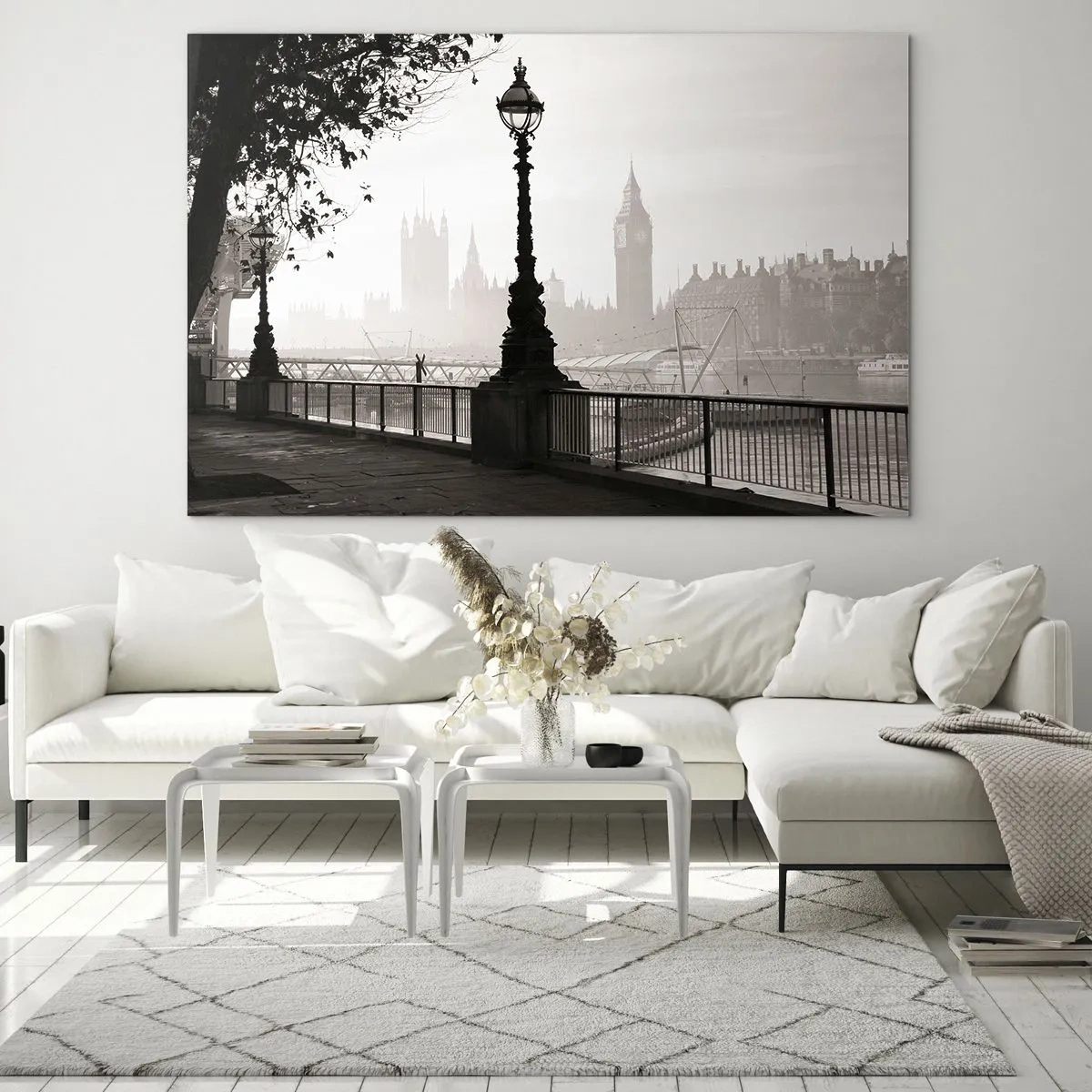 Impression sur verre - Image sur verre - Photographie en noir et blanc de la promenade de Londres avec Big Ben - 70x50cm - Un matin londonien - Décoration murale moderne pour le salon et la chambre ARTTOR
