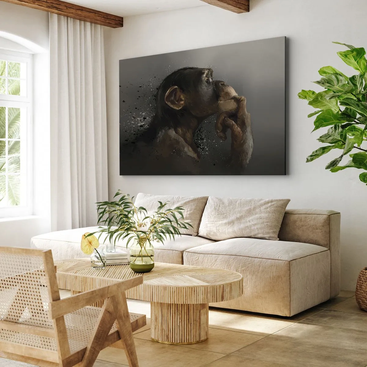 Impression sur toile - Image sur toile - Portrait d'un singe dans une pose réfléchissante sur fond gris - 70x50cm - Certainement un penseur - Décoration murale moderne pour le salon et la chambre ARTTOR