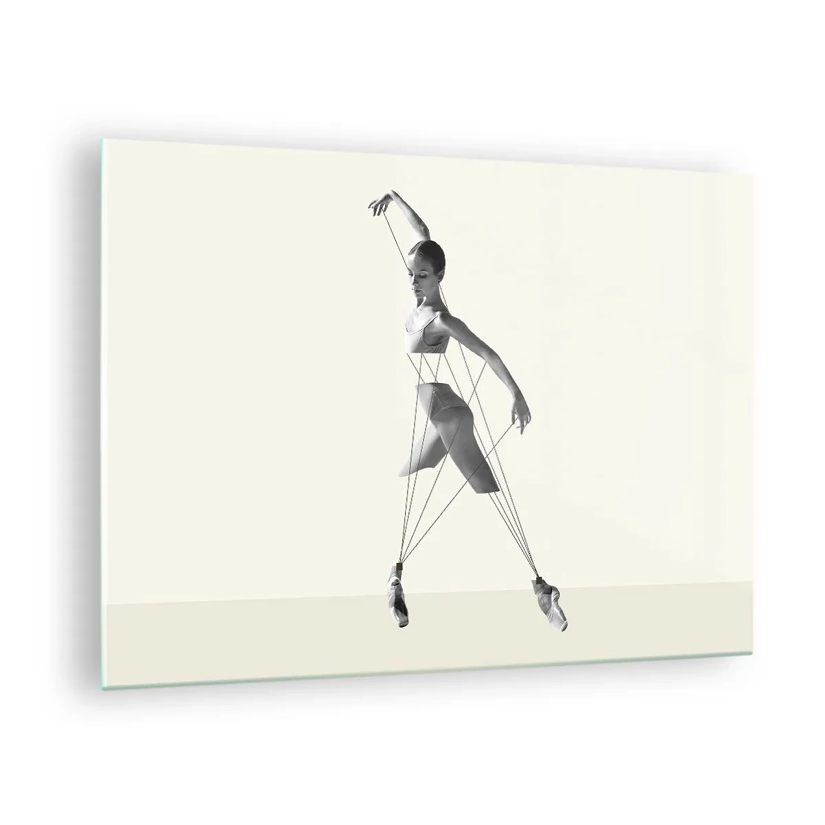 Impression sur verre - Image sur verre - Silhouette noire et blanche d'une ballerine avec un motif de lignes géométriques - 70x50cm - Dans le théatre de la vie - Décoration murale moderne pour le salon et la chambre ARTTOR