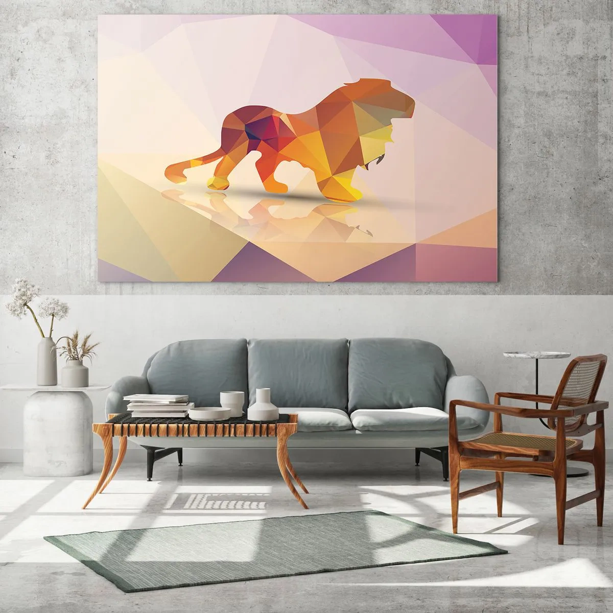 Impression sur verre - Image sur verre - Lion géométrique dans une abstraction colorée - 70x50cm - Le roi du diamant - Décoration murale moderne pour le salon et la chambre ARTTOR