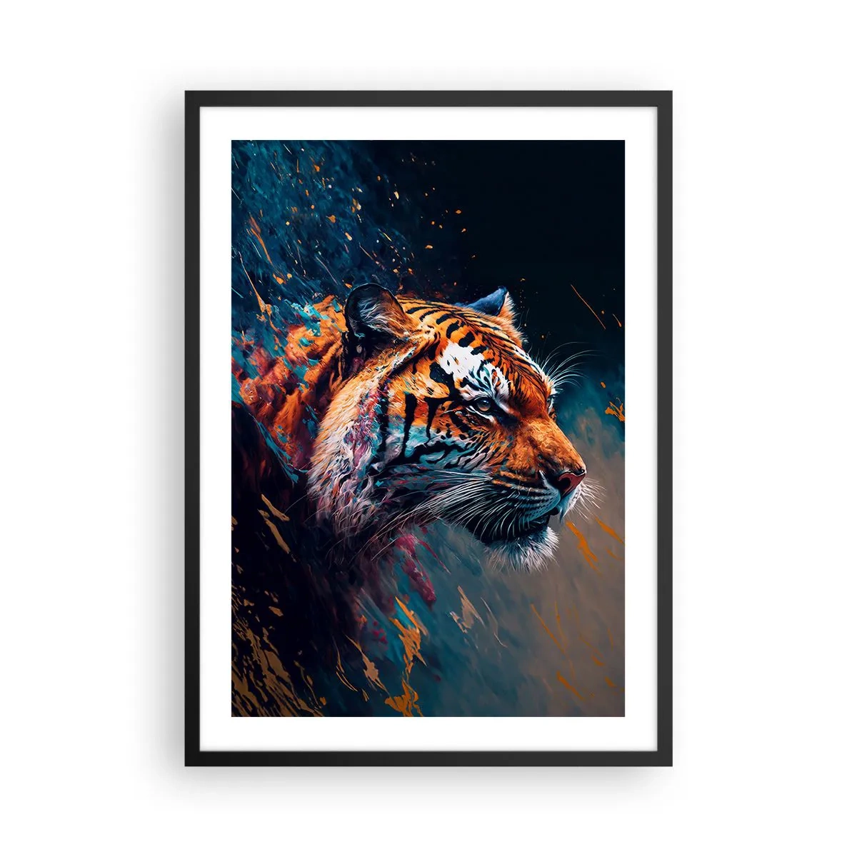Affiche dans un cadre noir - Poster - Un portrait dynamique d'un tigre dans un style artistique - 50x70cm - Beauté sauvage - Décoration murale moderne pour le salon et la chambre ARTTOR