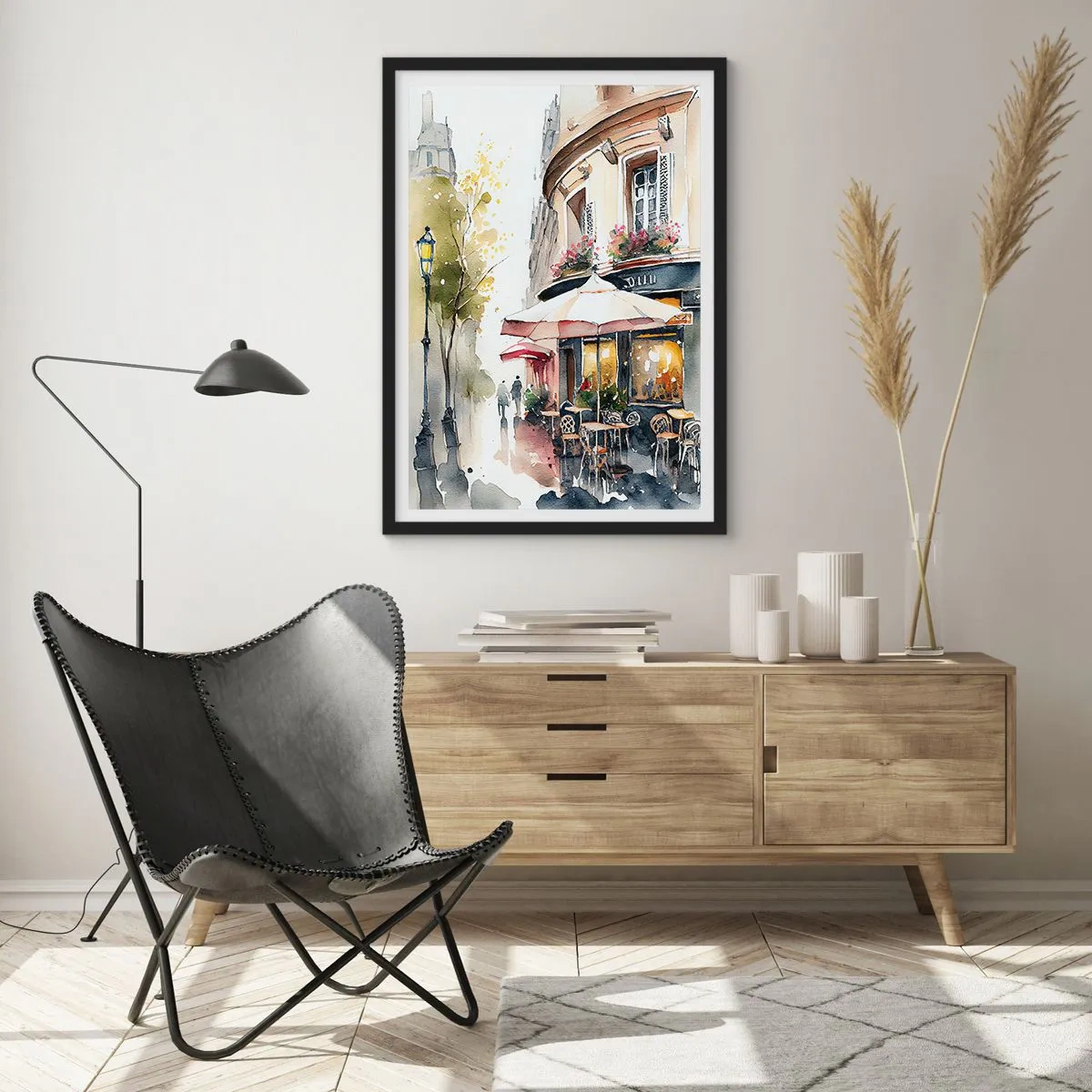Affiche dans un cadre noir - Poster - Un café dans une rue pittoresque de style européen - 50x70cm - Matinée parisienne - Décoration murale moderne pour le salon et la chambre ARTTOR